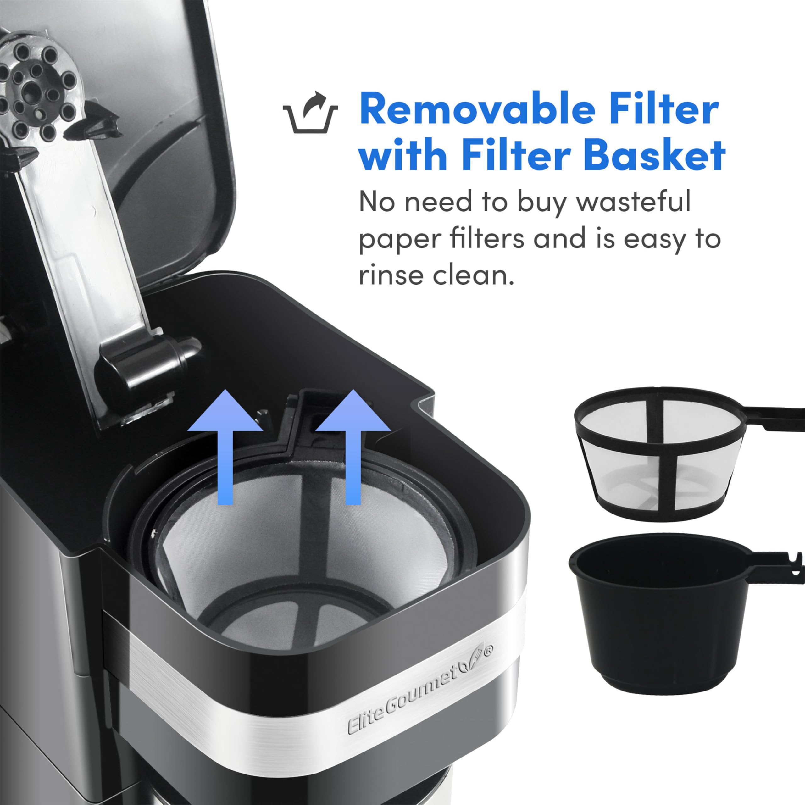 Elite Gourmet EHC111A Single-Serve Coffee Maker with 14Oz Stainless Steel Mug, Black, Compatible with Coffee Grounds, Reusable Filter
