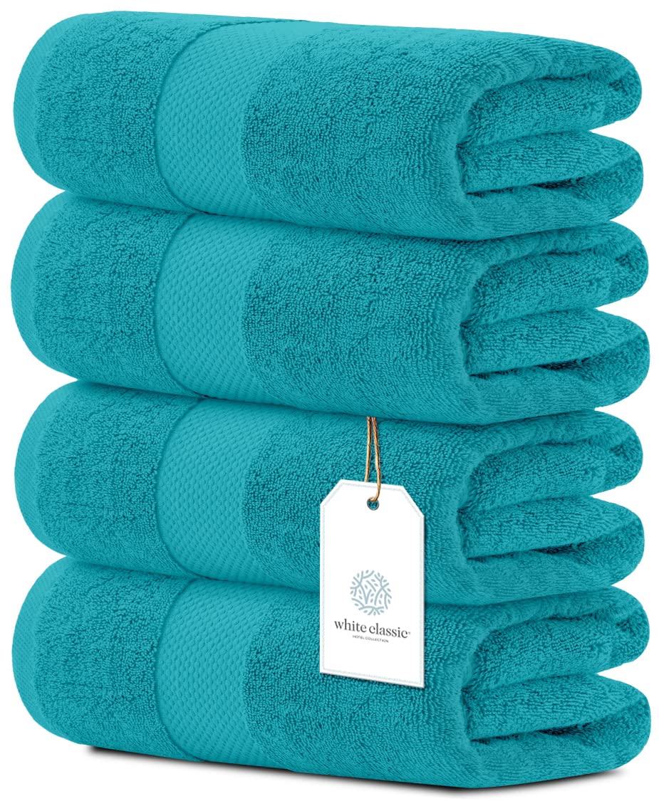 White Classic Luxury Bath Towels Large - Cotton Hotel spa Bathroom Towel 30x56  4 Pack  Aqua