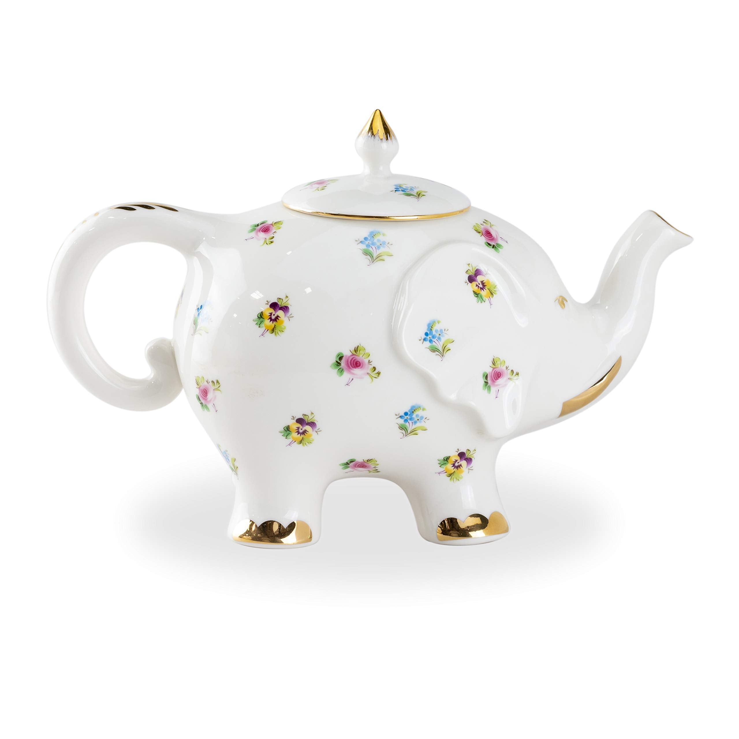 Grace Teaware Fine Porcelain Happy Elephant 28-Ounce Teapot (Floral Pansy) With Gold Trim