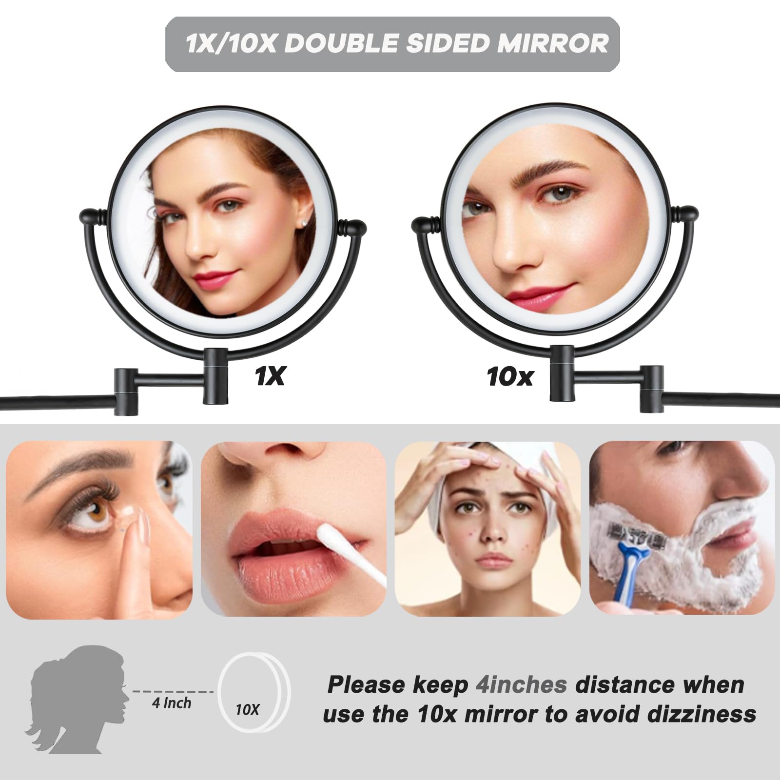 Ledoole Wall Mounted Makeup Mirror With Lights And 10X Magnification, 8-Inch Rechargeable Double Sided Magnifying, Touch Dimmabl