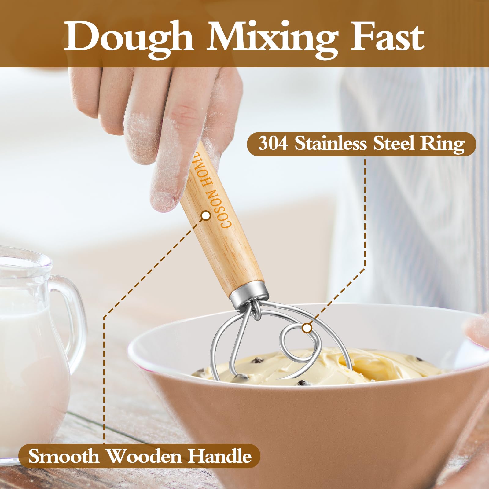 Coson Home Danish Dough Whisk - Wood Mixing Tool for Sourdough Baking, 13 Inch, Light Yellow, Pack of 2, Model DW2P
