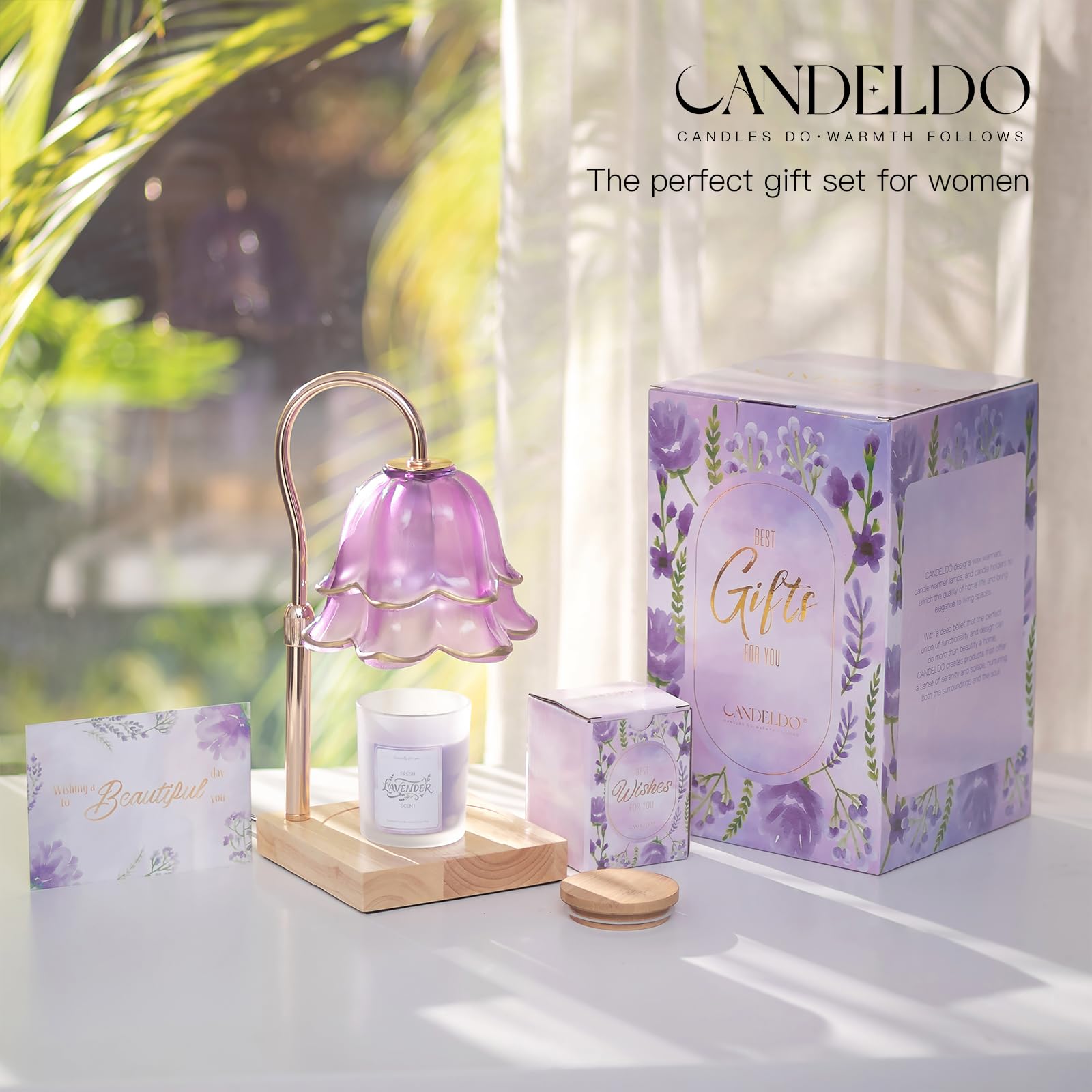 Candeldo Mom Birthday Gifts for Women: Purple Flower Candle Warmer Lamp with Scented Candles Dimmable Wax Warmer with Timer Mom