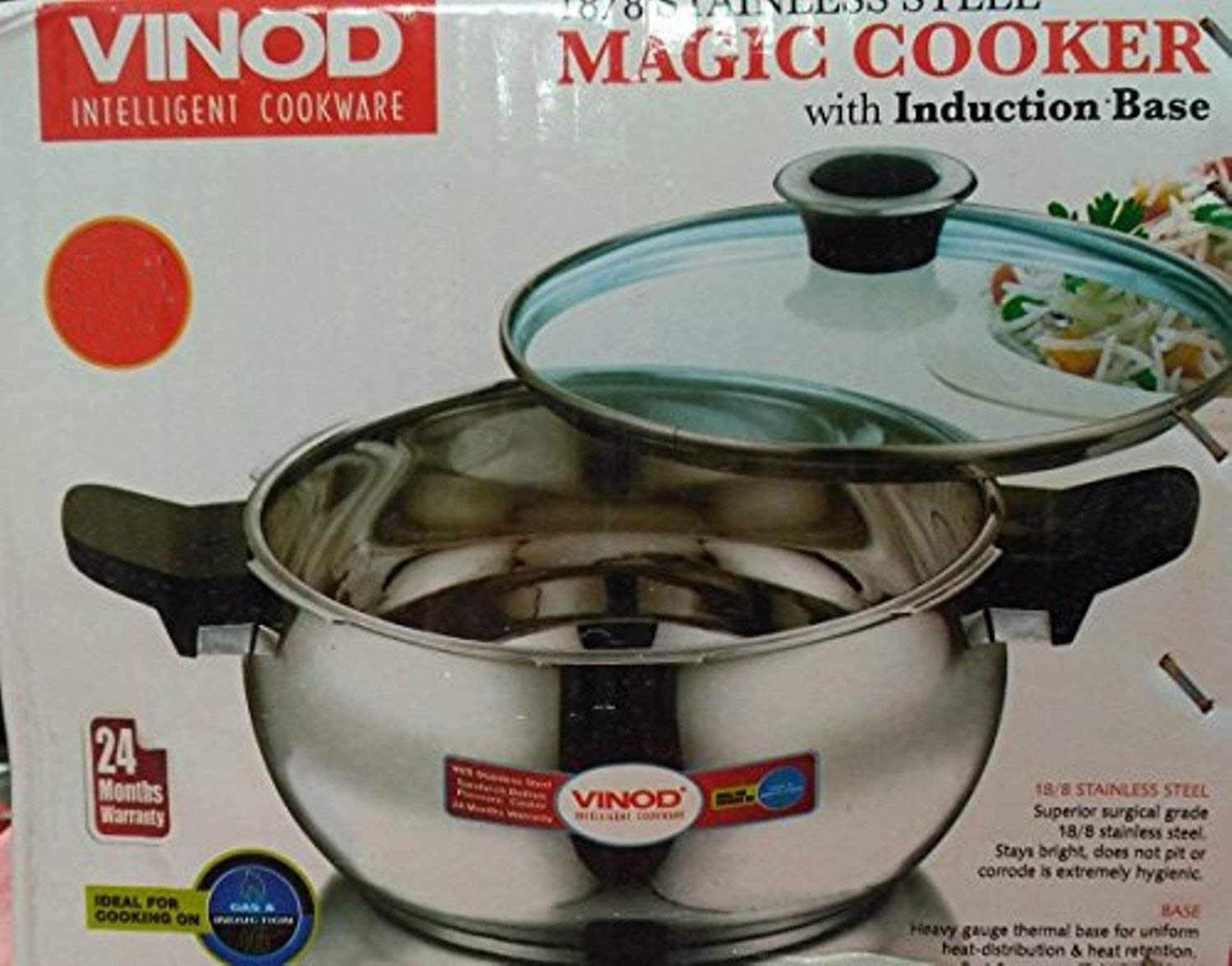 Vinod 18/8 Stainless Steel Magic Outer Lid Pressure Cooker - 5.5 Liters with a Pressure Cooker Lid, Straining Lid and Glass Lid