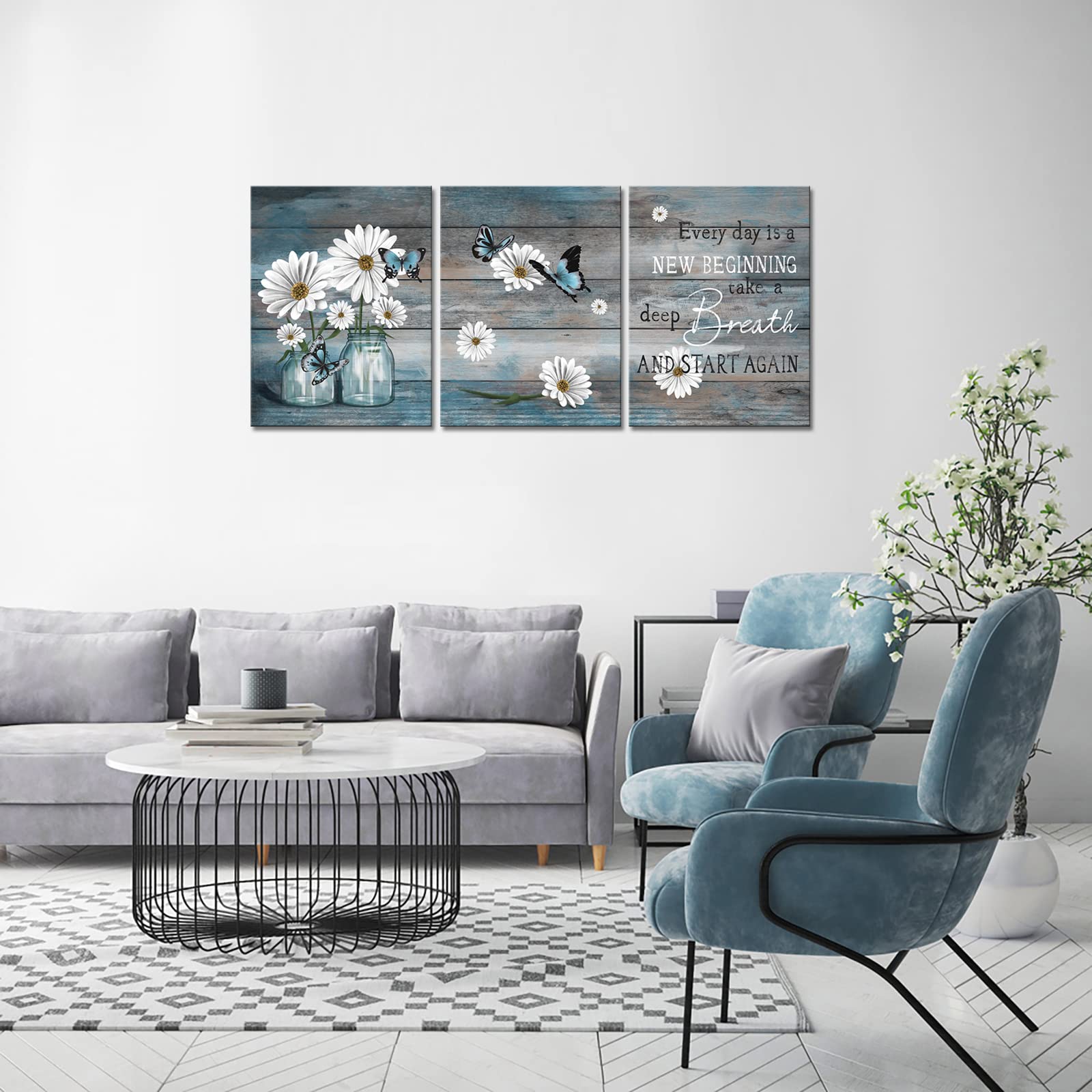 Ryounoart 3 Piece Daisy Wall Art Butterfly Inspirational Picture On Canvas For Kitchen Office Wall Decor Rustic Country Painting