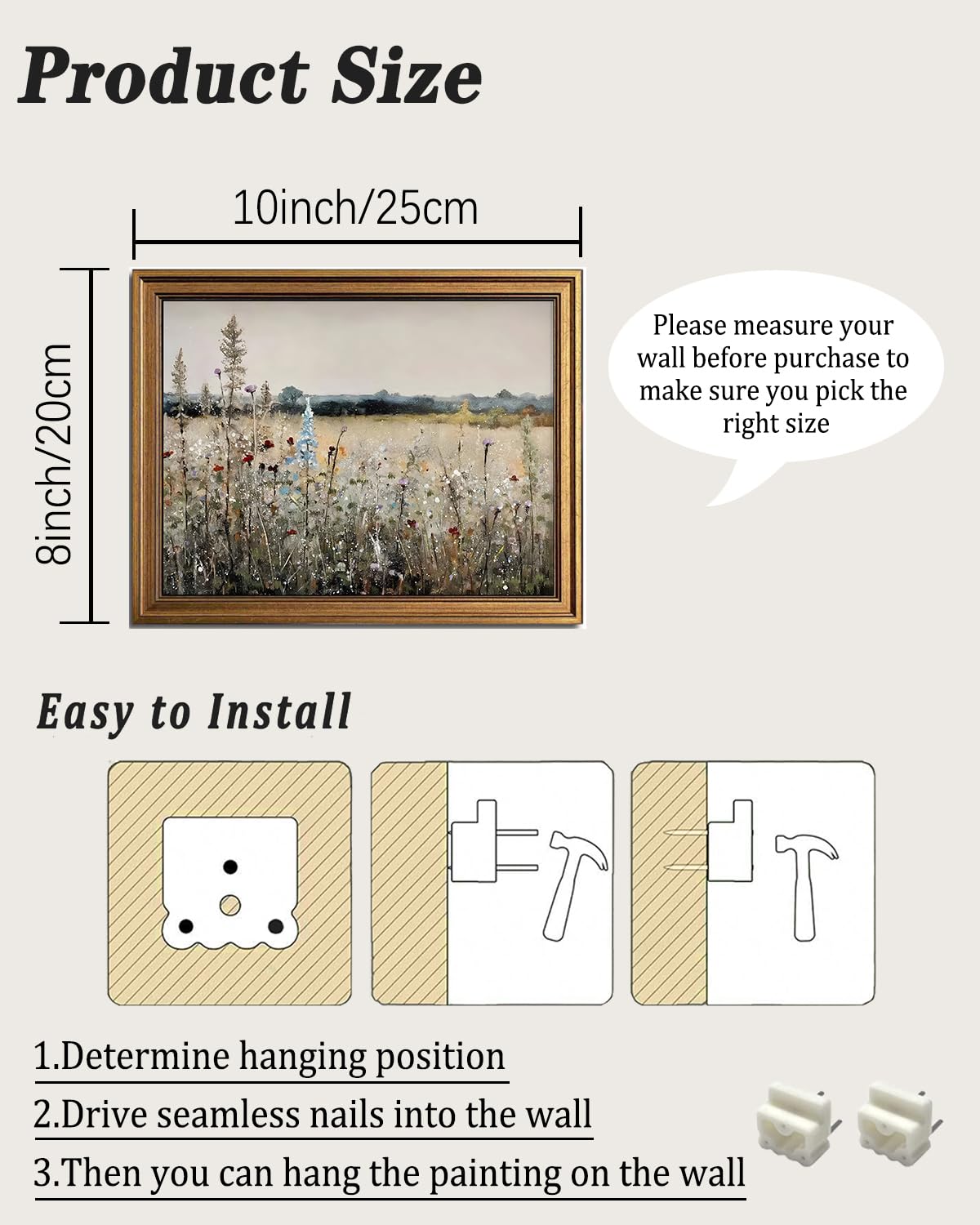 Kbkbart Gold Framed Canvas Print Wall Art, Vintage Wall Art Wildflower Field Vintage Print, Neutral Country Meadow Landscape Nat