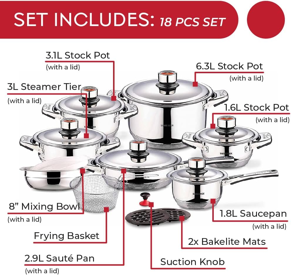 18-Piece Stainless Steel Cookware Set, Includes Induction Compatible Fry Pots, Pans, Saucepan, Casserole