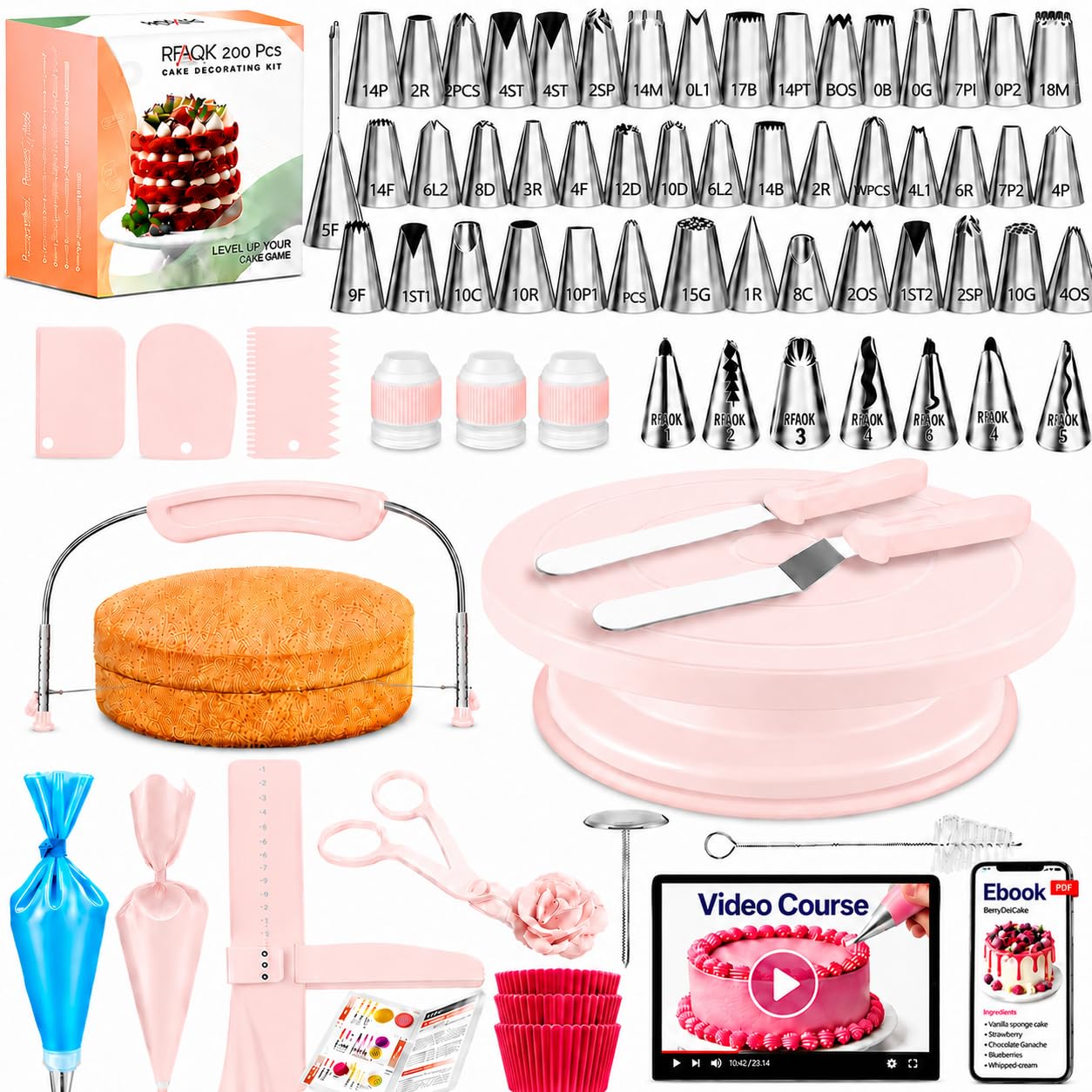RFAQK 200PCs Cake Decorating Kit with Cake Turntable & Leveler, Baking Supplies Gift Includes 110+1 Piping Bags,55 Icing Tips,2 