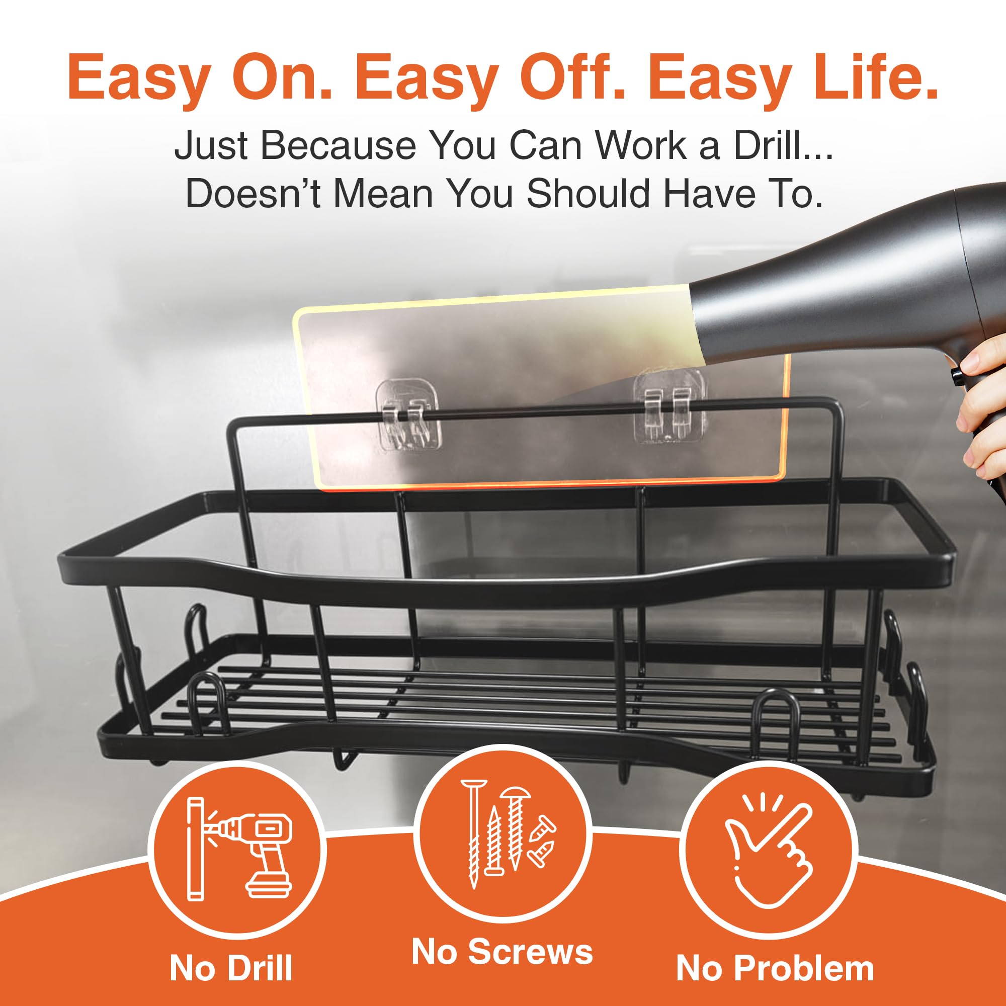 Shower Caddy Bathroom Shelves, The Athena Silken Black 4 Set, 40Lb Capacity, Adhesive Tape - No Drill-Rustproof -Gorgeous Powder