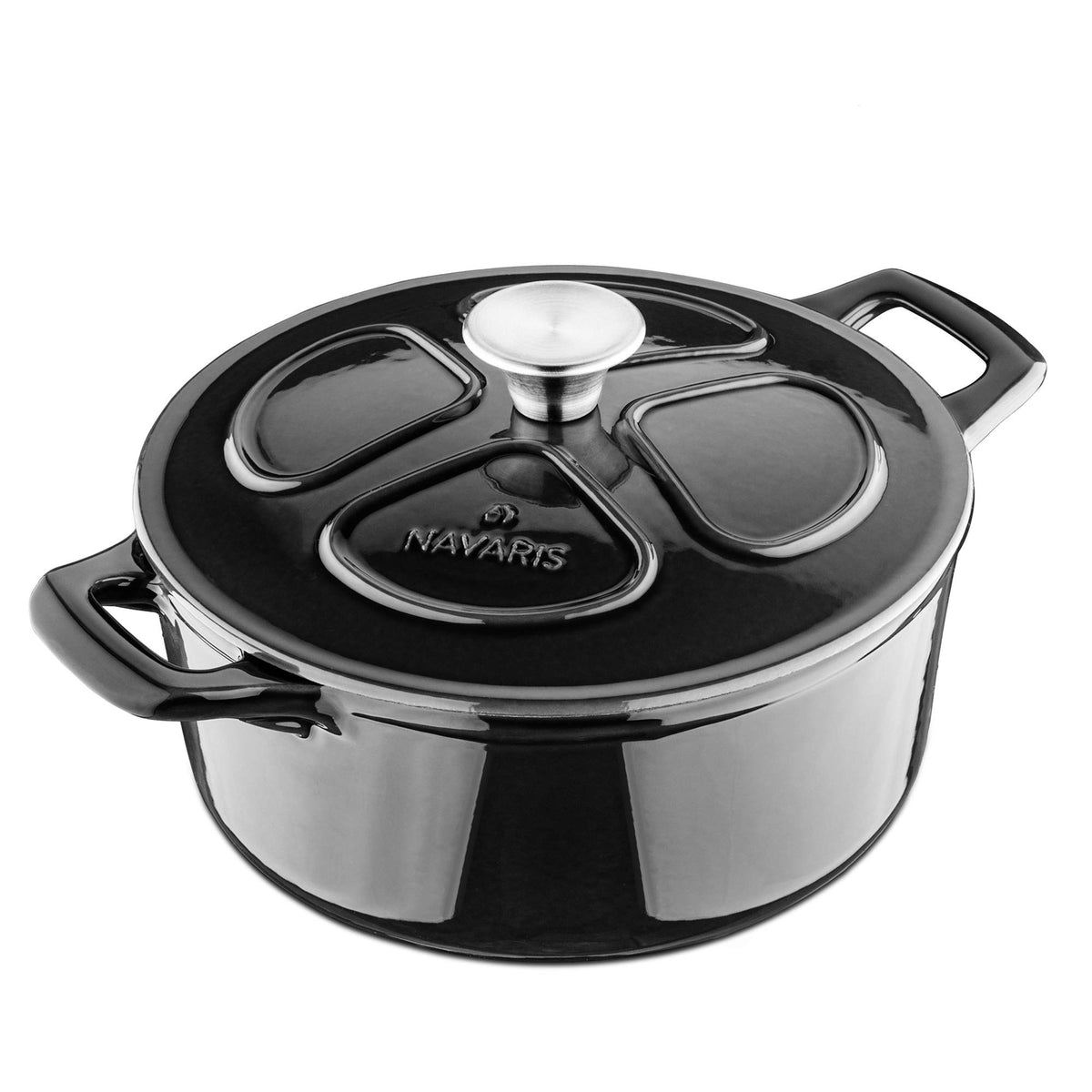 Navaris Enameled Dutch Oven - 3.7 Qt Cast Iron Pot With Lid - 9 1/2 '' Round Enamel Cookware - Induction Cooktop Safe - Glossy B