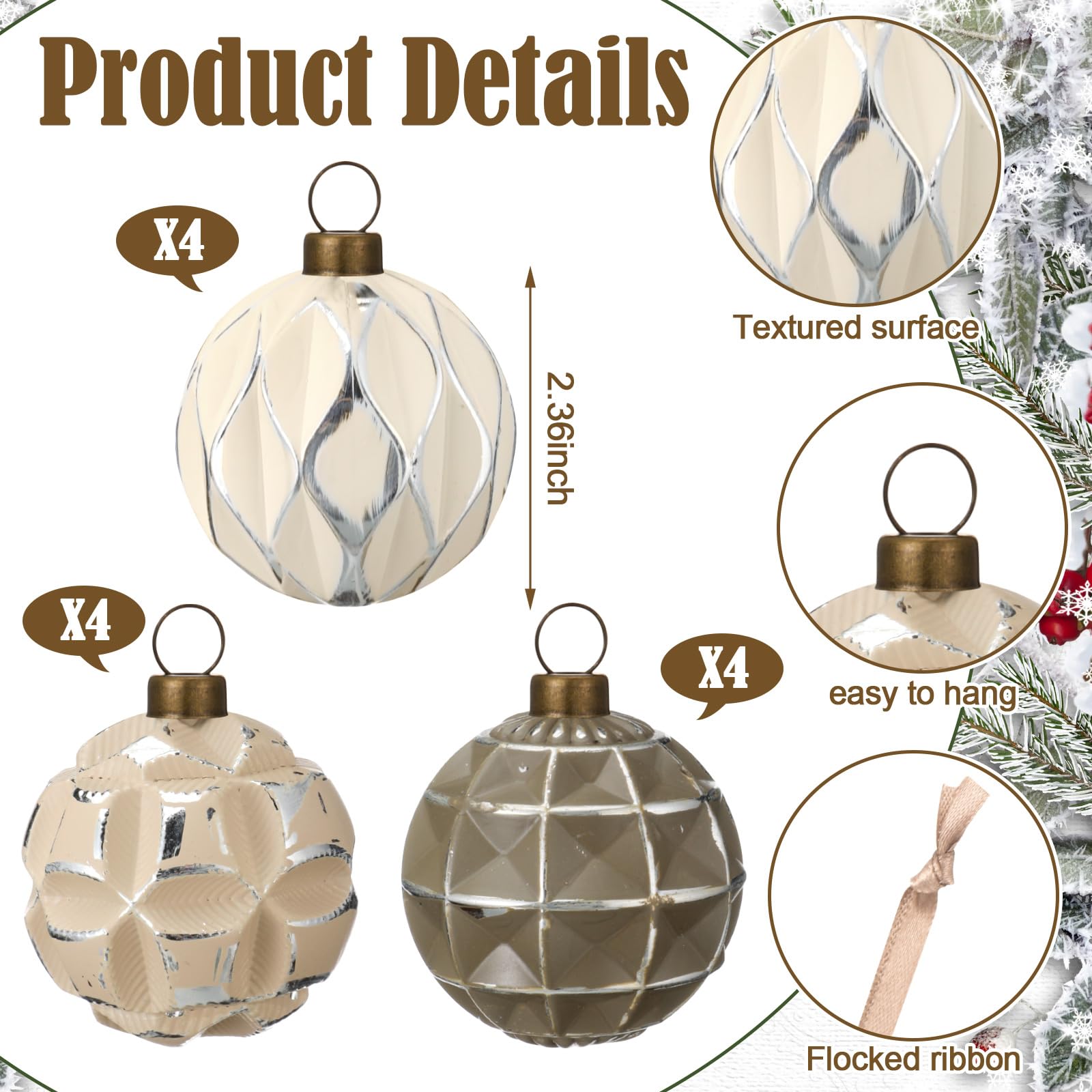 Syhood 12 Pcs Neutral Textured Christmas Ball Ornaments 2.4 Inch Vintage Boho Cream Beige Brown Xmas Bulbs Rustic Distressed Xma