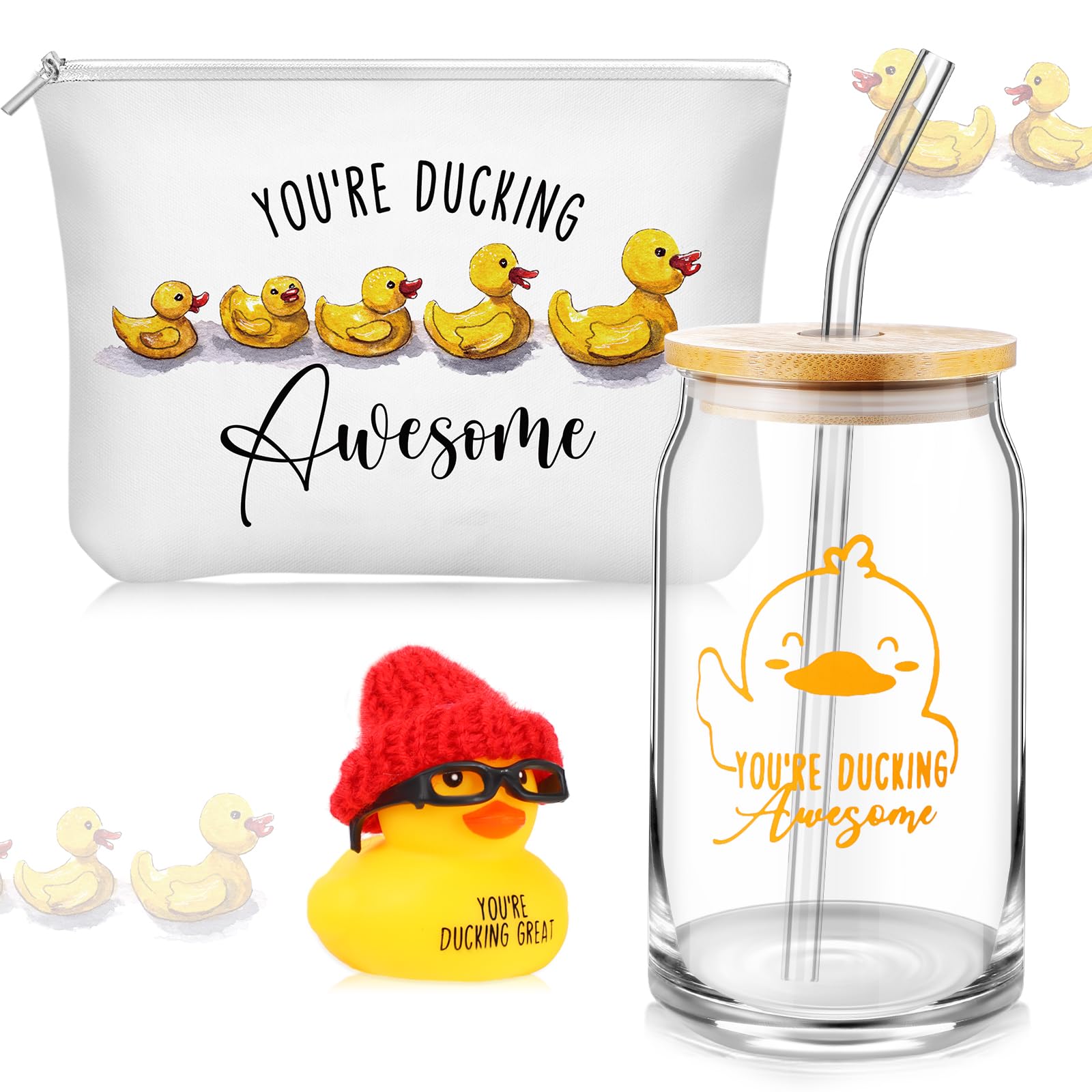 Tioncy 3 Pcs Duck Theme Inspirational Gift Employee Thank You Gifts Reusable Coffee Glass Tumbler With Lid And Straw Canvas Make