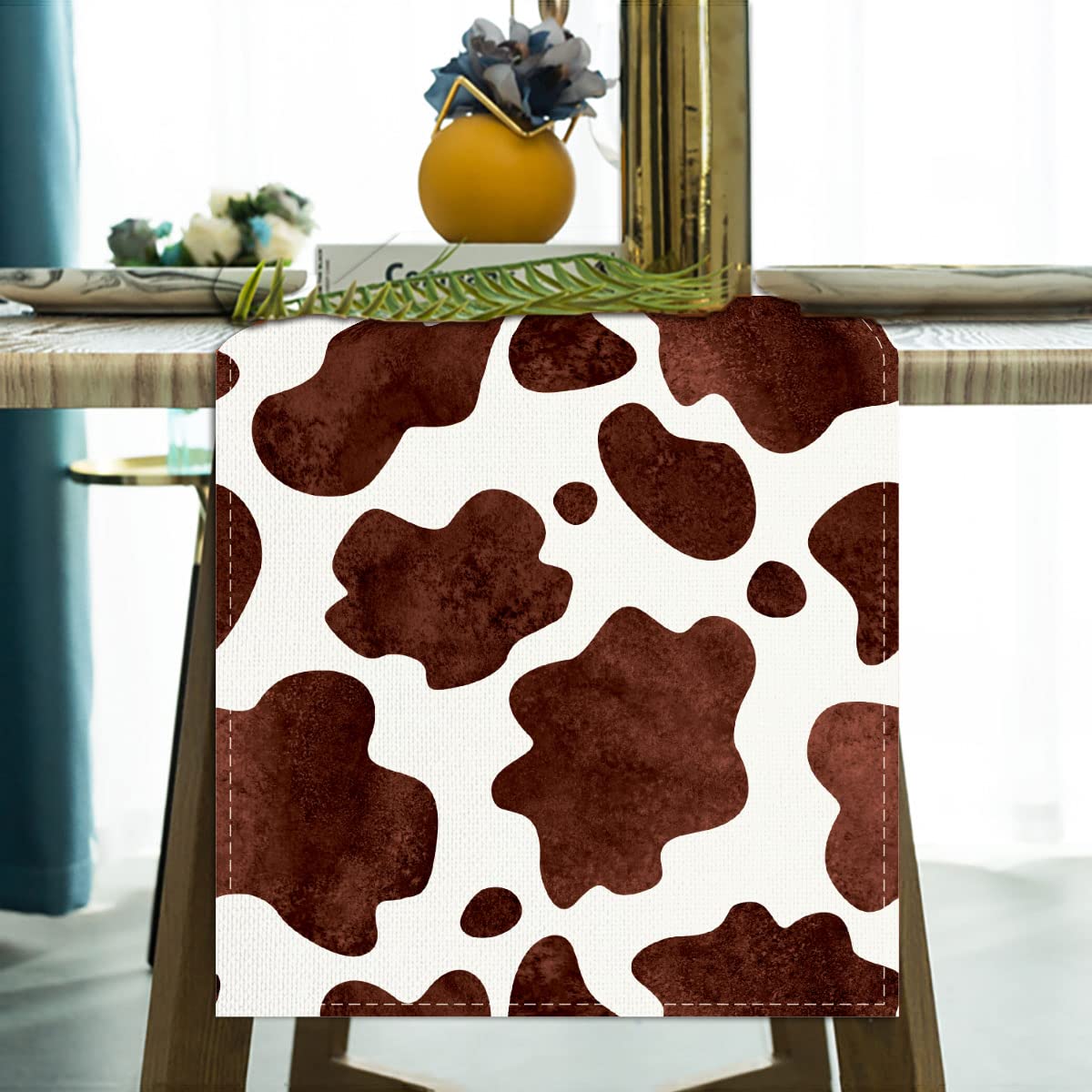Linen Watercolor Cow Print Table Runner 72 Inches Long Cowhide Tablecloth Farm House Barnyard Animals Western Party Home Kitchen