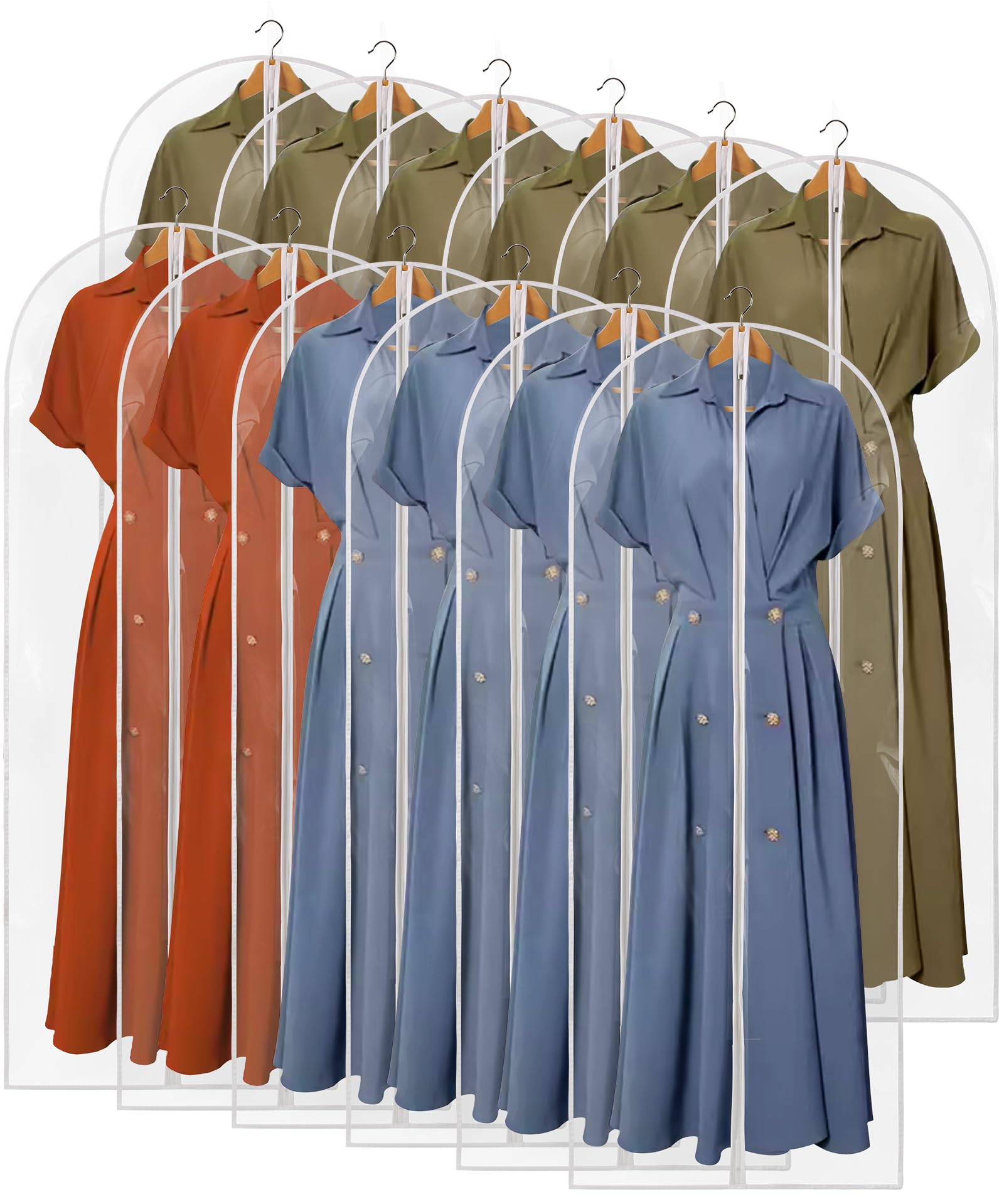 Perber 60'' Dress Bags For Gowns, 12 Packs All Clear Garment Bags For Hanging Clothes, Plastic Waterproof Dress Cover With Zippe