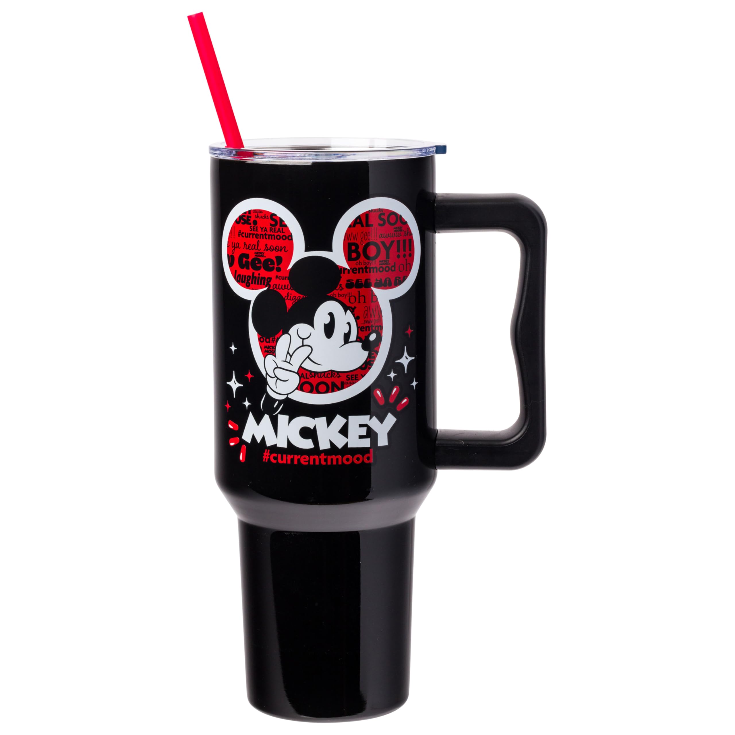 Silver Buffalo Disney Classic Mickey Mouse Hashtag Current Mood #Currentmood    Stainless Steel Tumbler With Handle And Straw, F