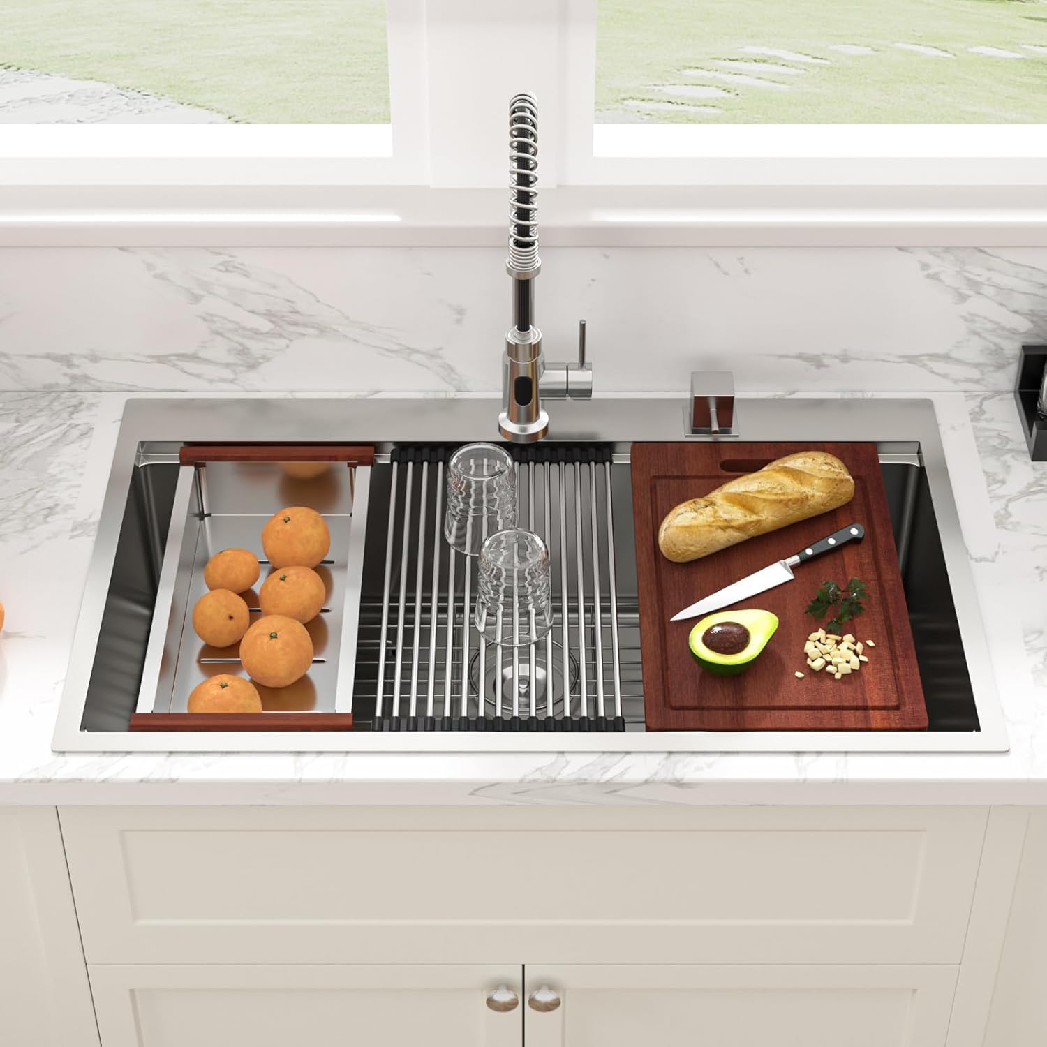 Sarlai 36 Drop In Kitchen Sink Workstation - 36X19 Kitchen Sink Drop In Stainless Steel Workstation Sink 16 Gauge Single Bowl De