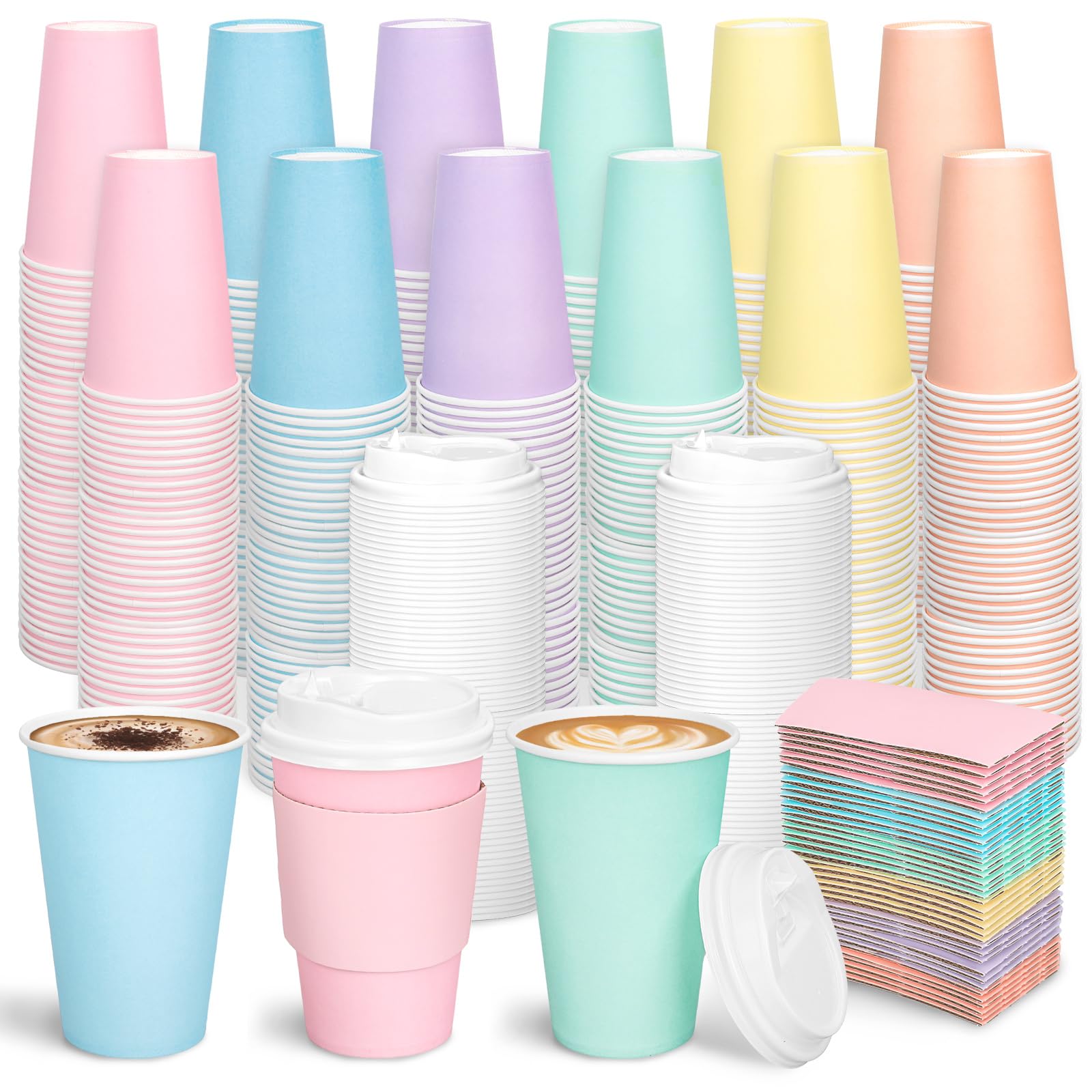 Whaline 120 Set Spring Easter Disposable Coffee Cups with Lids and Sleeves 12 Oz Pastel Color To Go Travel Paper Drinking Cups f