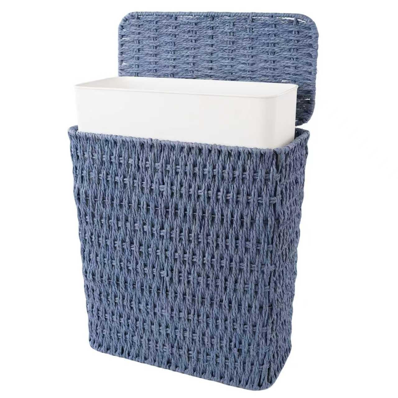 Coeusy 3 Gallon Paper Rope Bathroom Trash Can,Small Wicker Trash Cans with Lid and Liner,Woven Rattan Narrow Waste Basket for Be