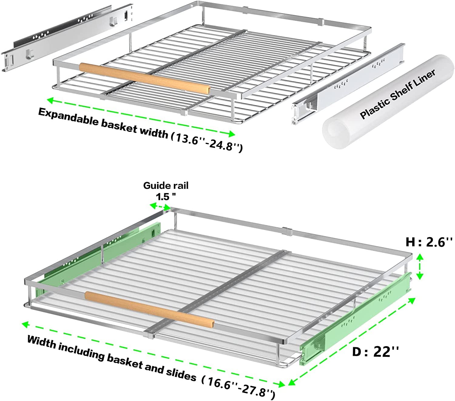 MIYUPTC Expandable Sliding Basket Drawer, Stainless Steel Pull-Out Organizer, 22''D for Kitchen, Bathroom, Wardrobe, 1 Pack