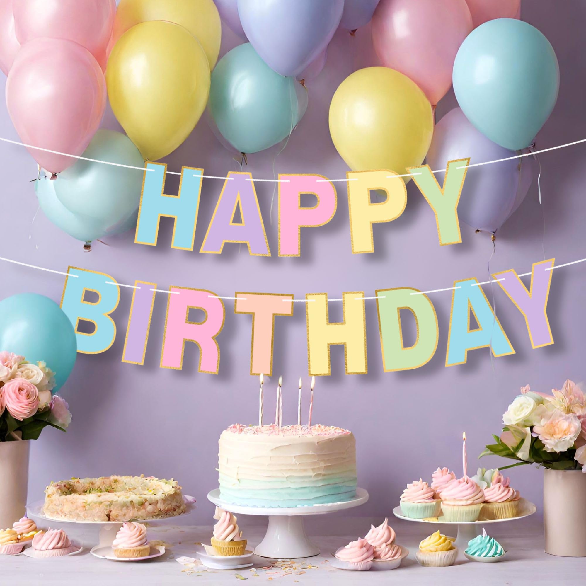 Pre-Strung Happy Birthday Banner - No Diy - Pastel Birthday Party Banner - Pre-Strung On 8 Ft Strands - Pastel Multi Color Rainb