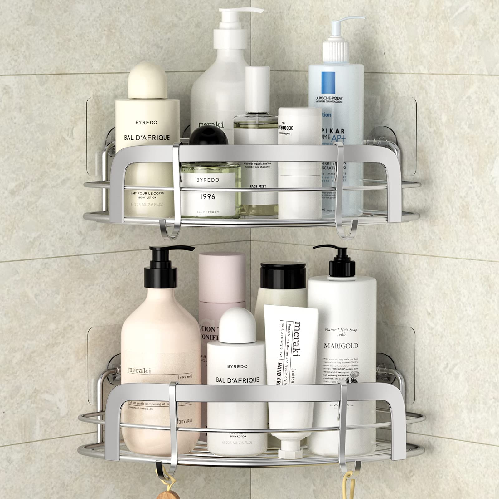 Steugo Corner Shower Caddy, 2 Pack Adhesive Shower Corner Organizer Shelves, No Drilling Stainless Steel Shower Storage Rack Wit