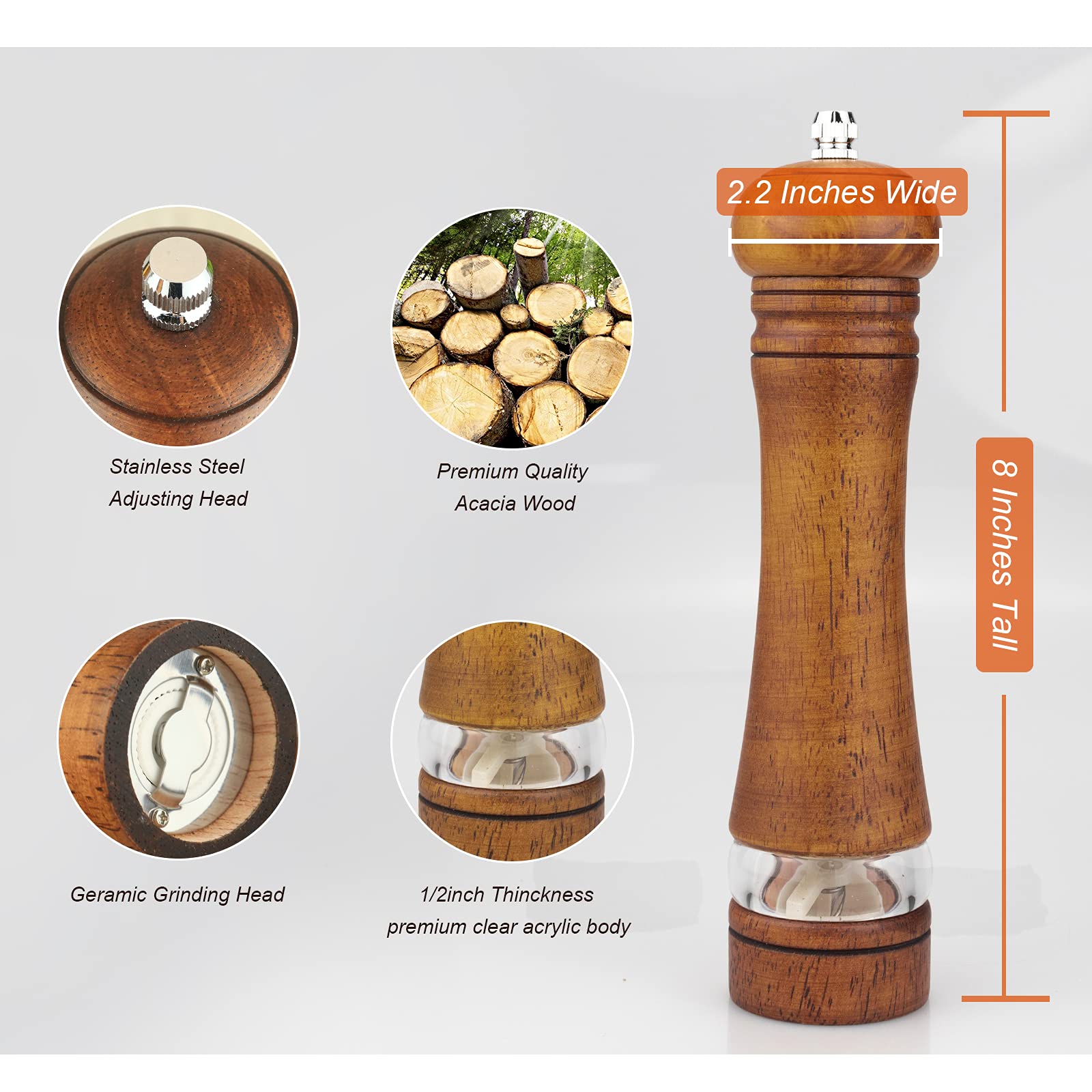 Haomacro Pepper Grinder,Wood Salt And Pepper Grinder Mills Setsclassic Manual Salt Grinder Refillable Pepper Mill Sets With Acry