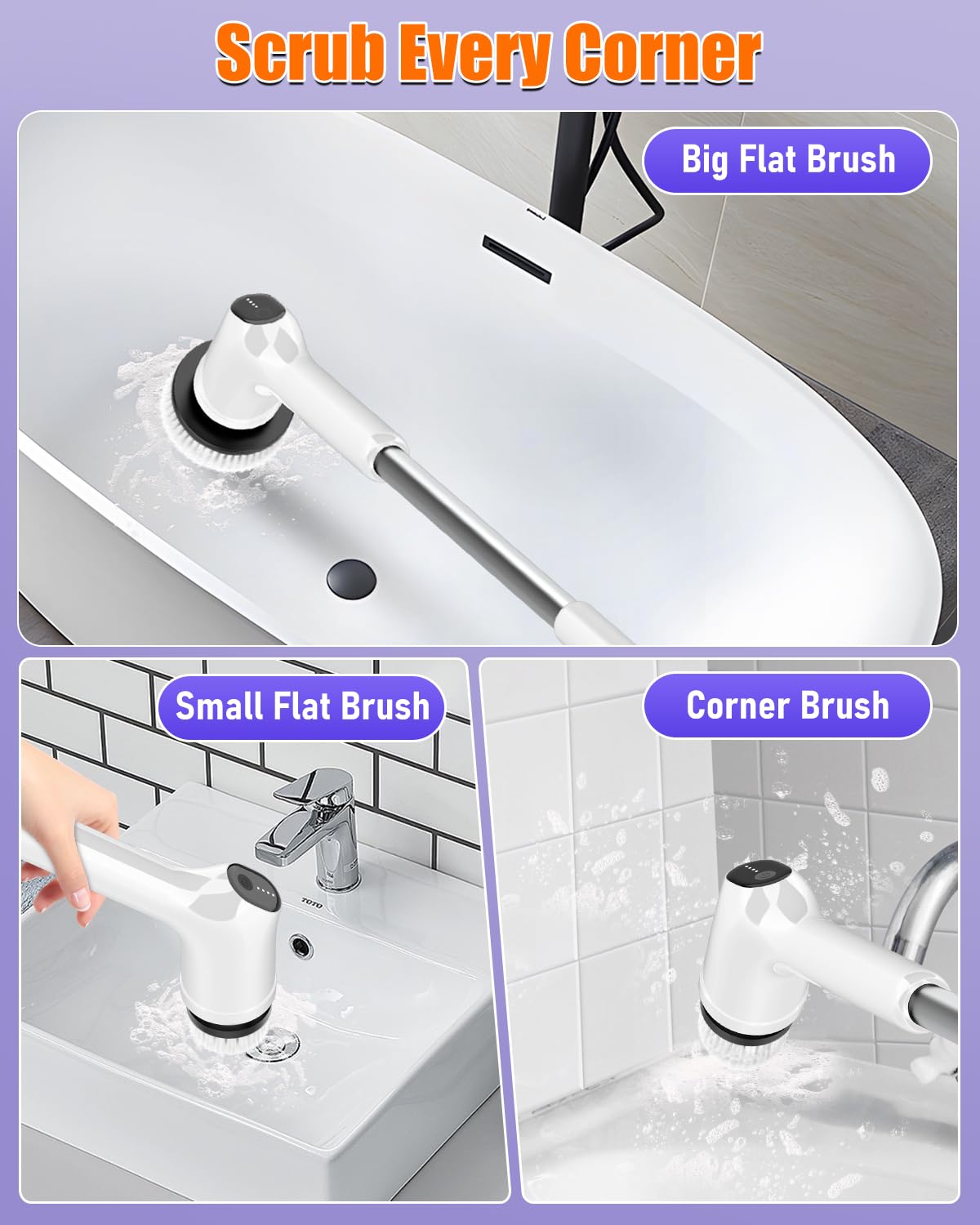 Electric Spin Scrubber, Upgraded Bathroom Cleaning Brush Ipx7 Waterproof With 2 Speeds(Up To 450 Rpm), 3 Replaceable Brush Heads