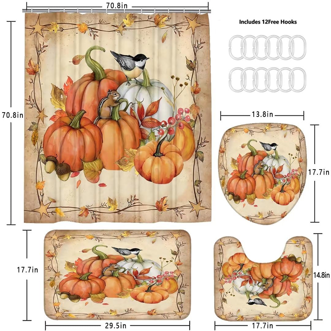 FZDHHY 4Pcs Pumpkin Shower Curtain Set Fall Bathroom Set Thanksgiving Bathroom Decor Set Autumn Shower Curtain Set with Rugs wit