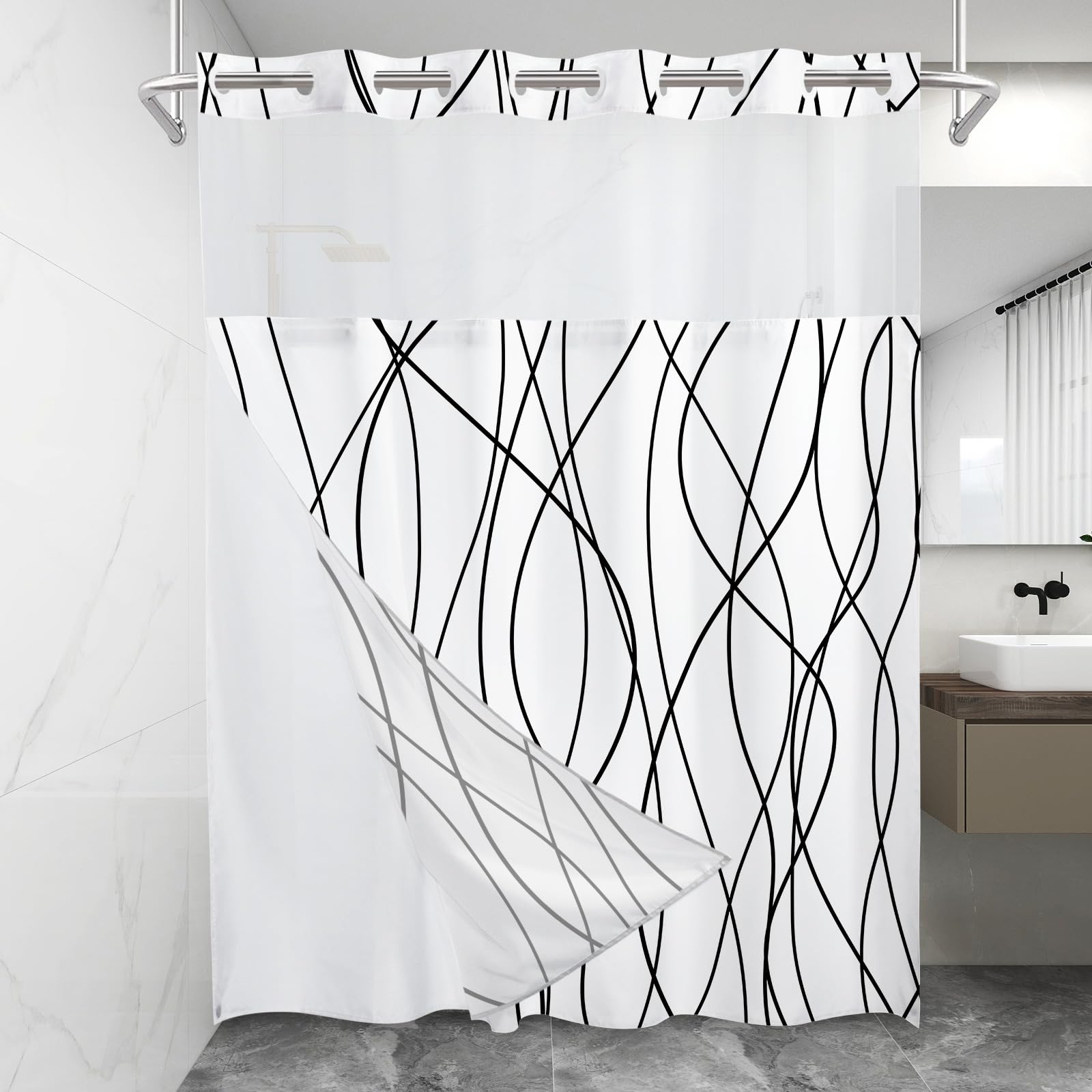 Lxbni No Hook Black And White Striped Shower Curtain With Snap In Fabric Liner Set - Hotel Shower Curtain And Liner Set With See