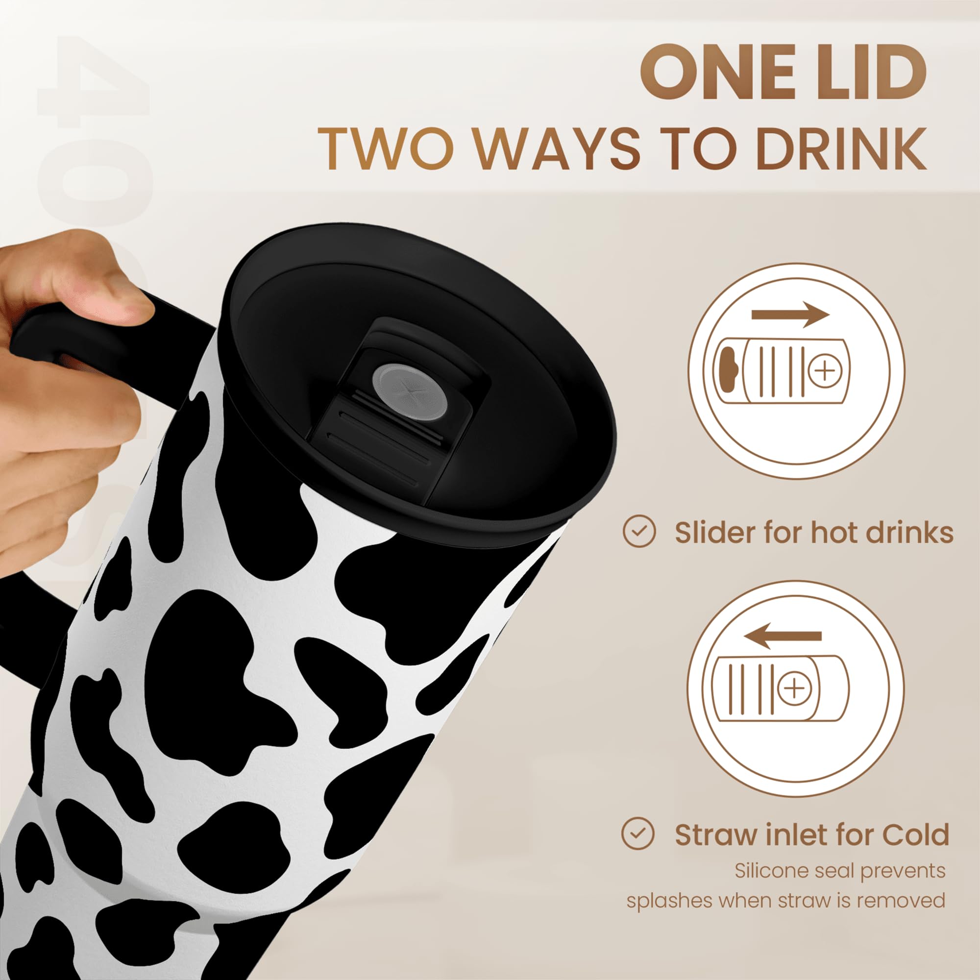 SANDJEST Cow Tumbler with Handle 40oz, Cow Print Cup Stainless Steel Tumblers Coffee Travel Cups with Slider Lid, Cow Gifts for
