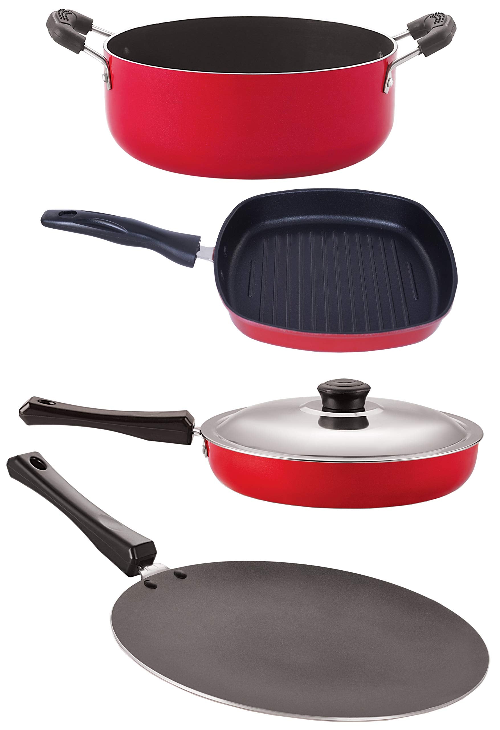 Nirlon Dishwsher Safe Non Stick Gift Cookware Set,4 Pieces (Red & Black) (Ct12_Fp12_Gp24.5_Cs24)