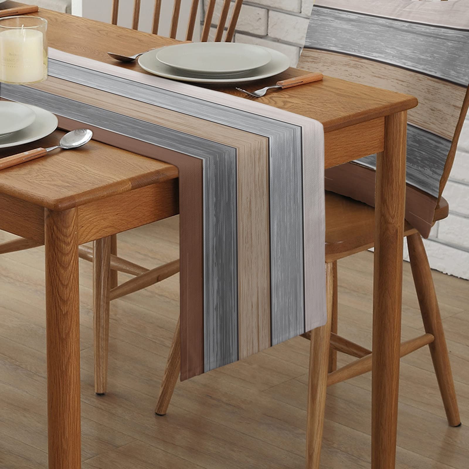 Farmhouse Cotton Linen Table Runner Retro Rustic Barn Wood Texture Ombre Ground Color Brown Grey Non-Slip Rectangle Party Table