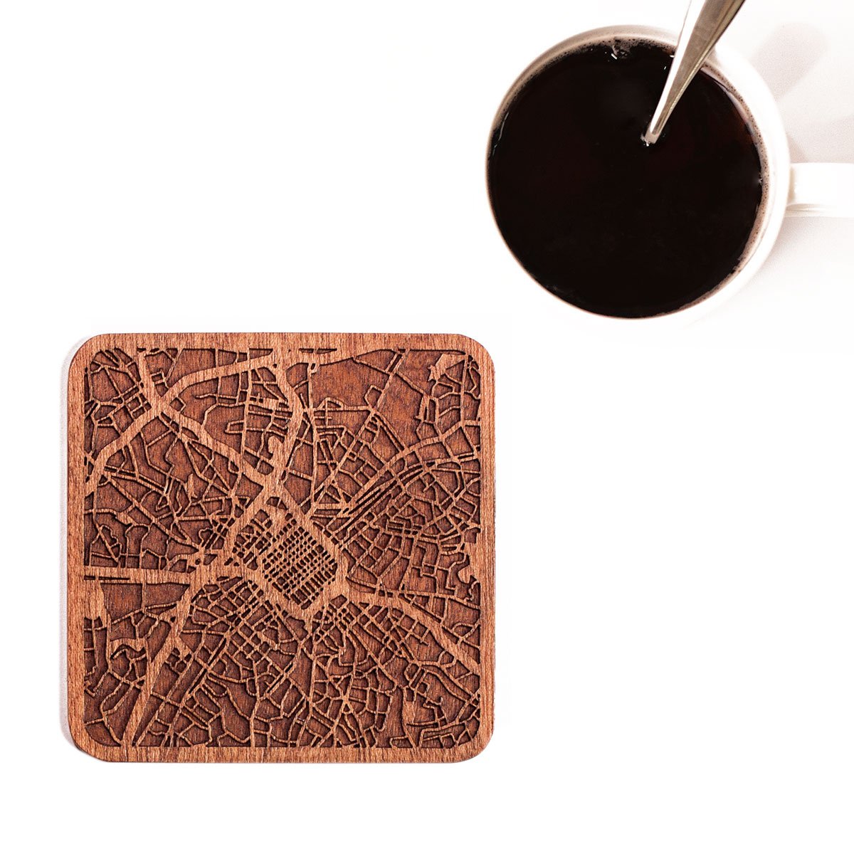 Charlotte, Nc Map Coaster By O3 Design Studio, Set Of 4, Sapele Wooden Coaster With City Map, Handmade