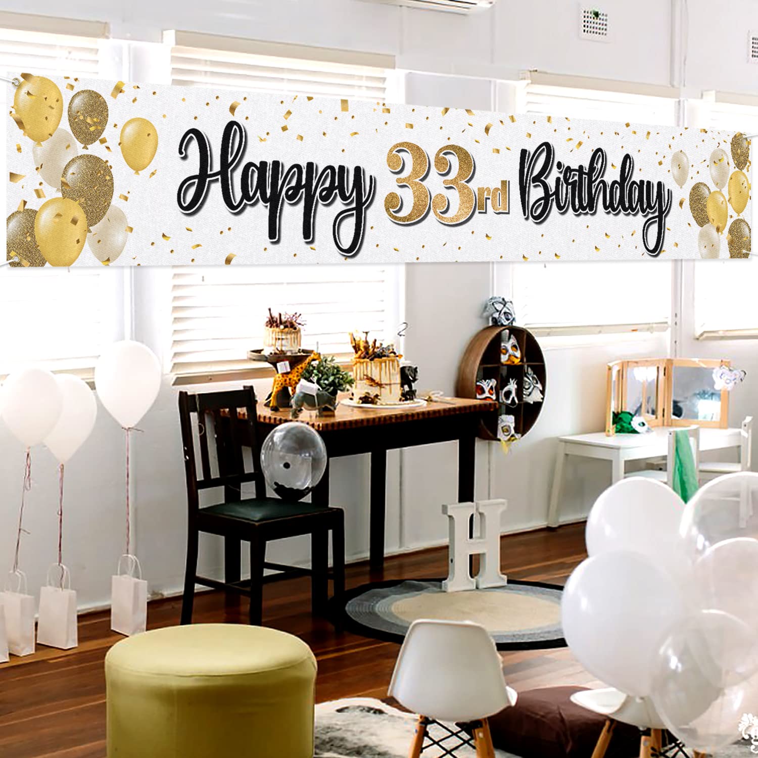 Laskyer Happy 33Rd Birthday Decorations,33Rd Gold Balloon Large Birthday Hanging Banner Sign,33 Years Old Bday Party Supplies.