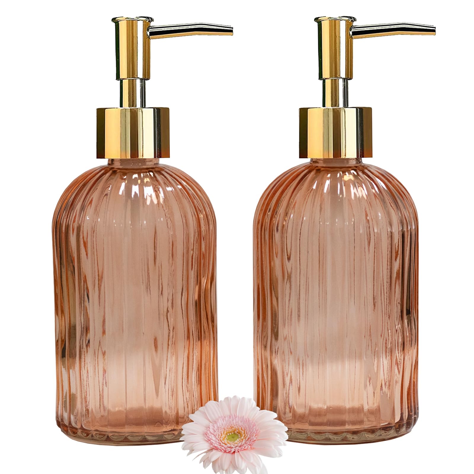 Glass Soap Dispenser With Gold Plastic Pump, 13.5Oz Refillable Liquid Hand Soap Dispenser, 2 Pack Crystal Lotion Bottle For Mode