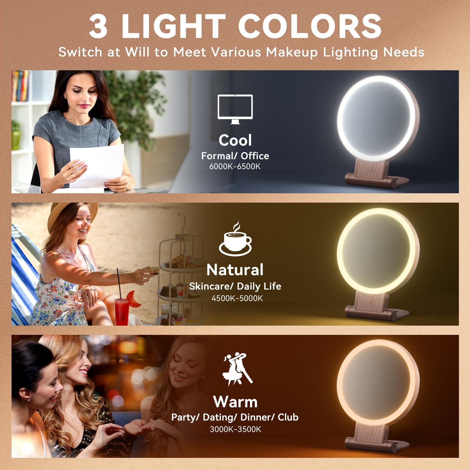 1X/30X Magnifying Mirror with Light, Double Sided Makeup Mirror with Adjustable 3 Color Light, 2000mAh Rechargeable Lighted Magn