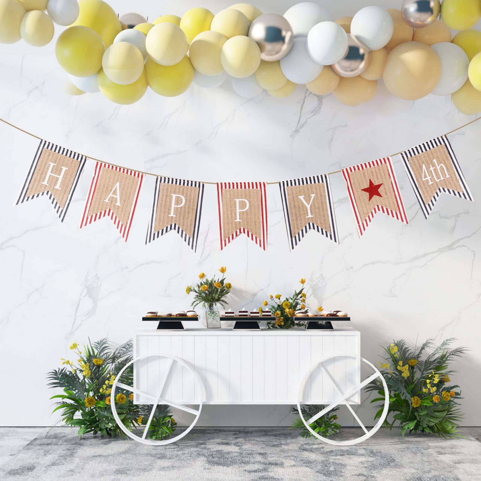 Goer Happy 4Th Of July Banner,No Diy Required Natural Burlap And Cotton Independence Day Decorations Fourth Of July Party Suppli