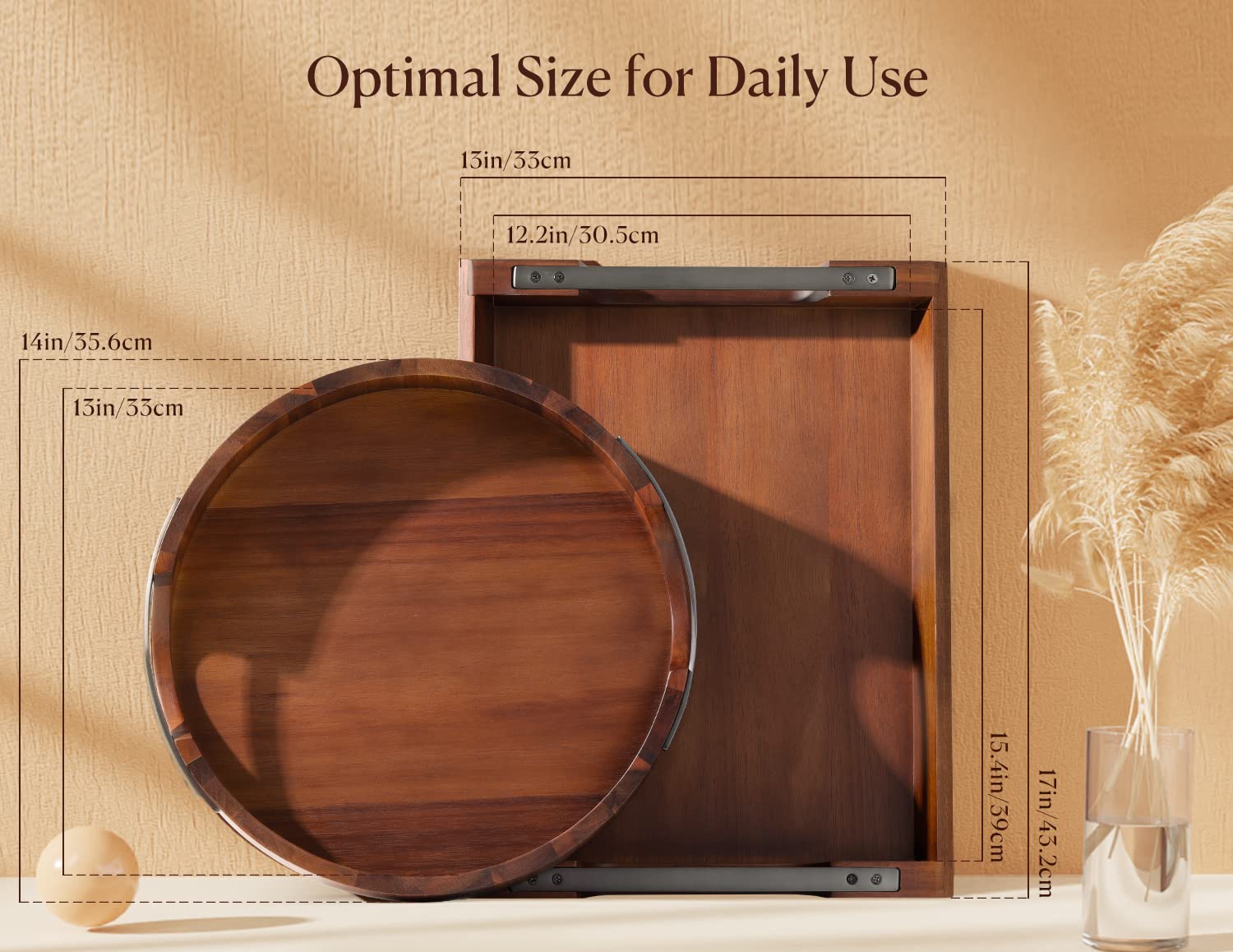 Dofira Acacia Wood Serving Tray With Metal Handles, 17X13In Food Drinks Tray For Coffee Table, Breakfast, Dinner & Bar, Rustic D