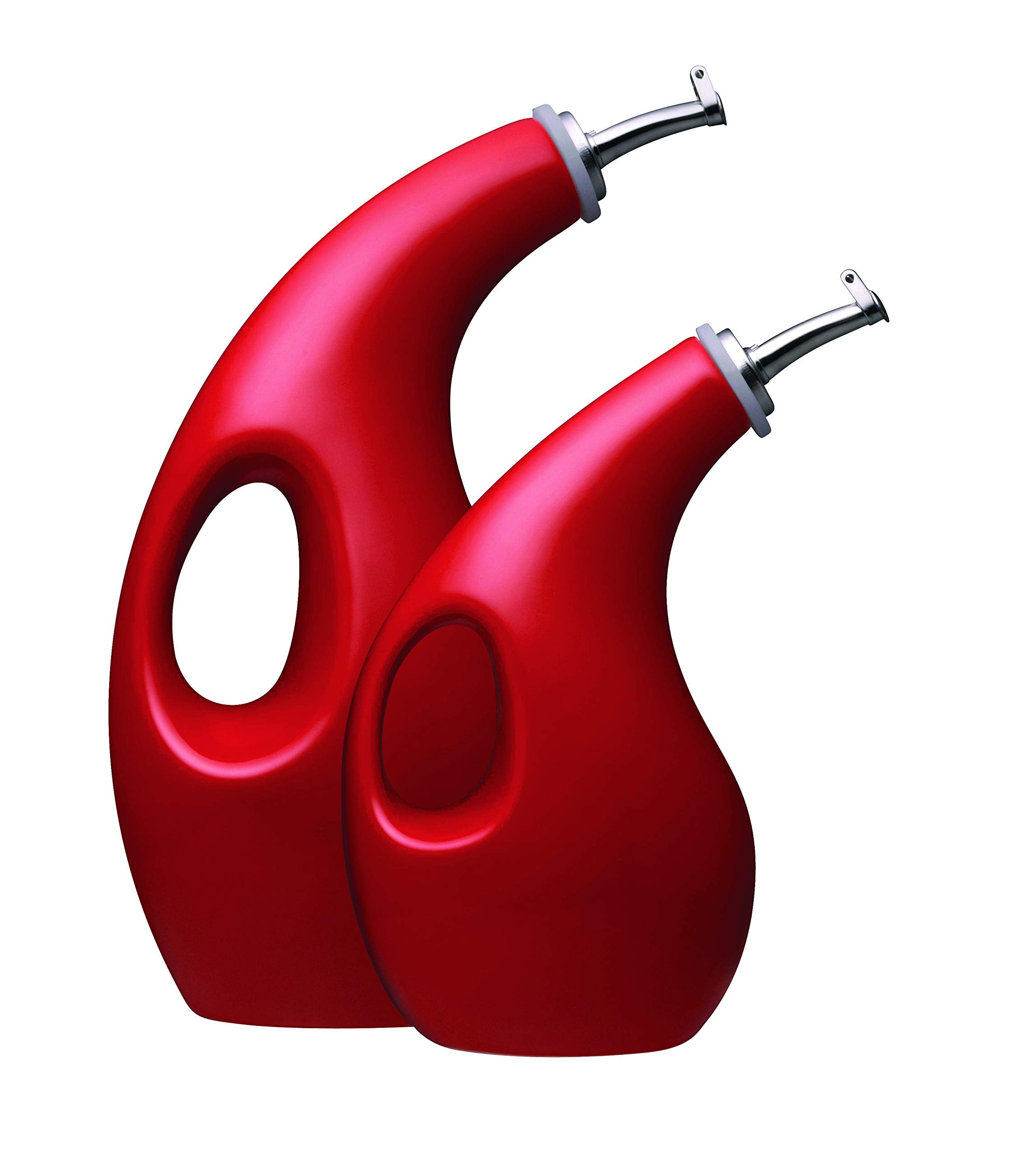 Rachael Ray Solid Glaze Ceramics EVOO Olive Oil Bottle Dispenser with Spout Set, 2 Piece, Red