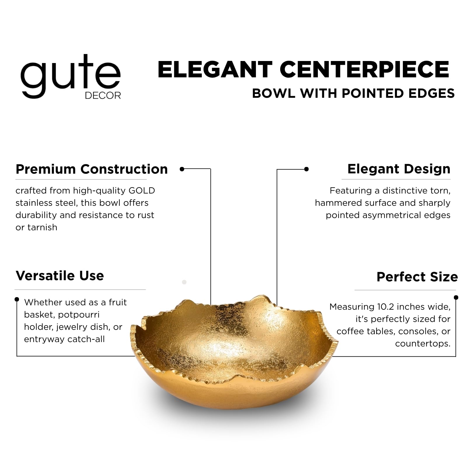 Decorative Gold Moon Decorative Metal Torn Hammered Asymmetrical Centerpiece Bowl