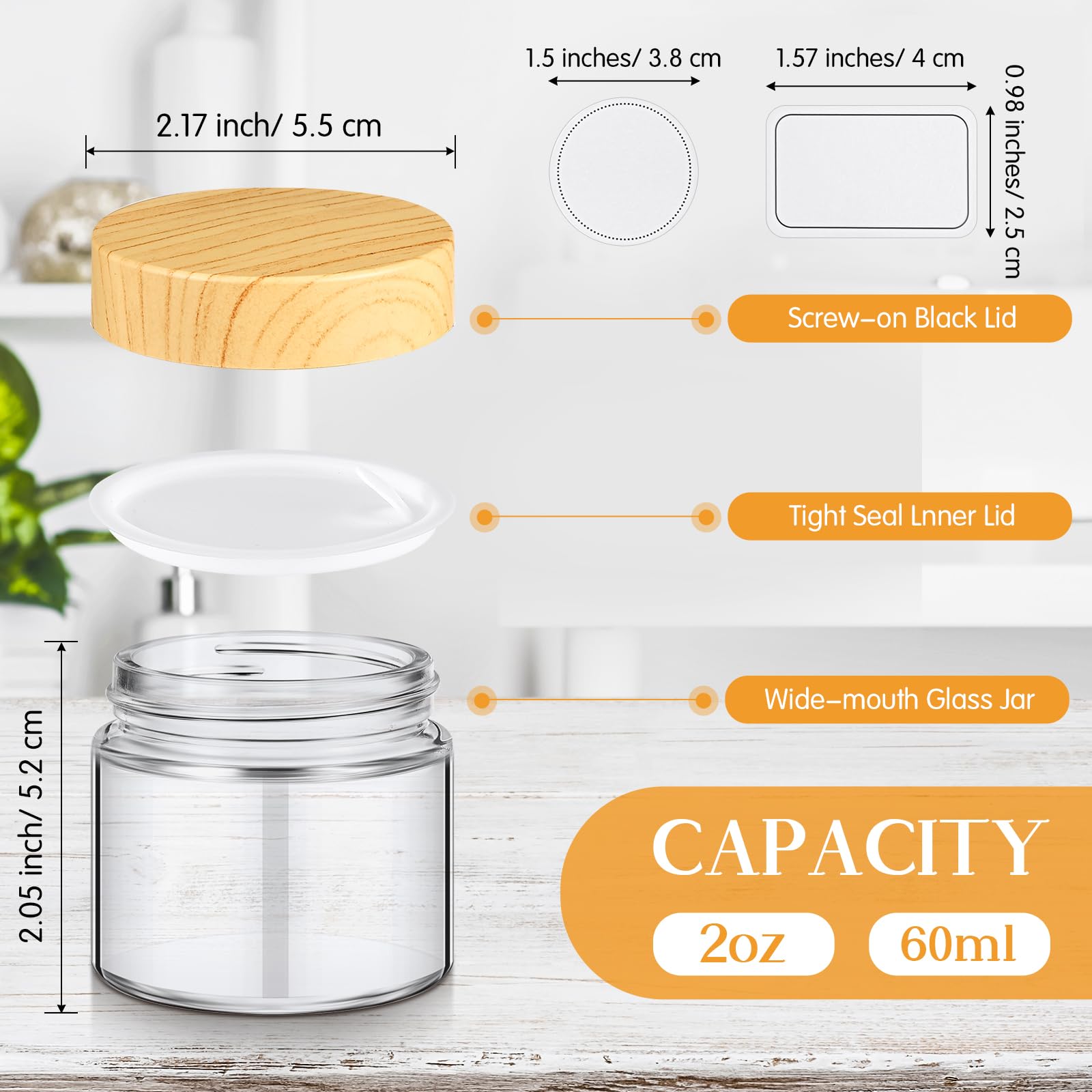 Layhit 24 Pcs Glass Jars With Lids Clear Small Jars With Woodgrain Lids, White Labels And Inner Liners Empty Round Cosmetic Cont