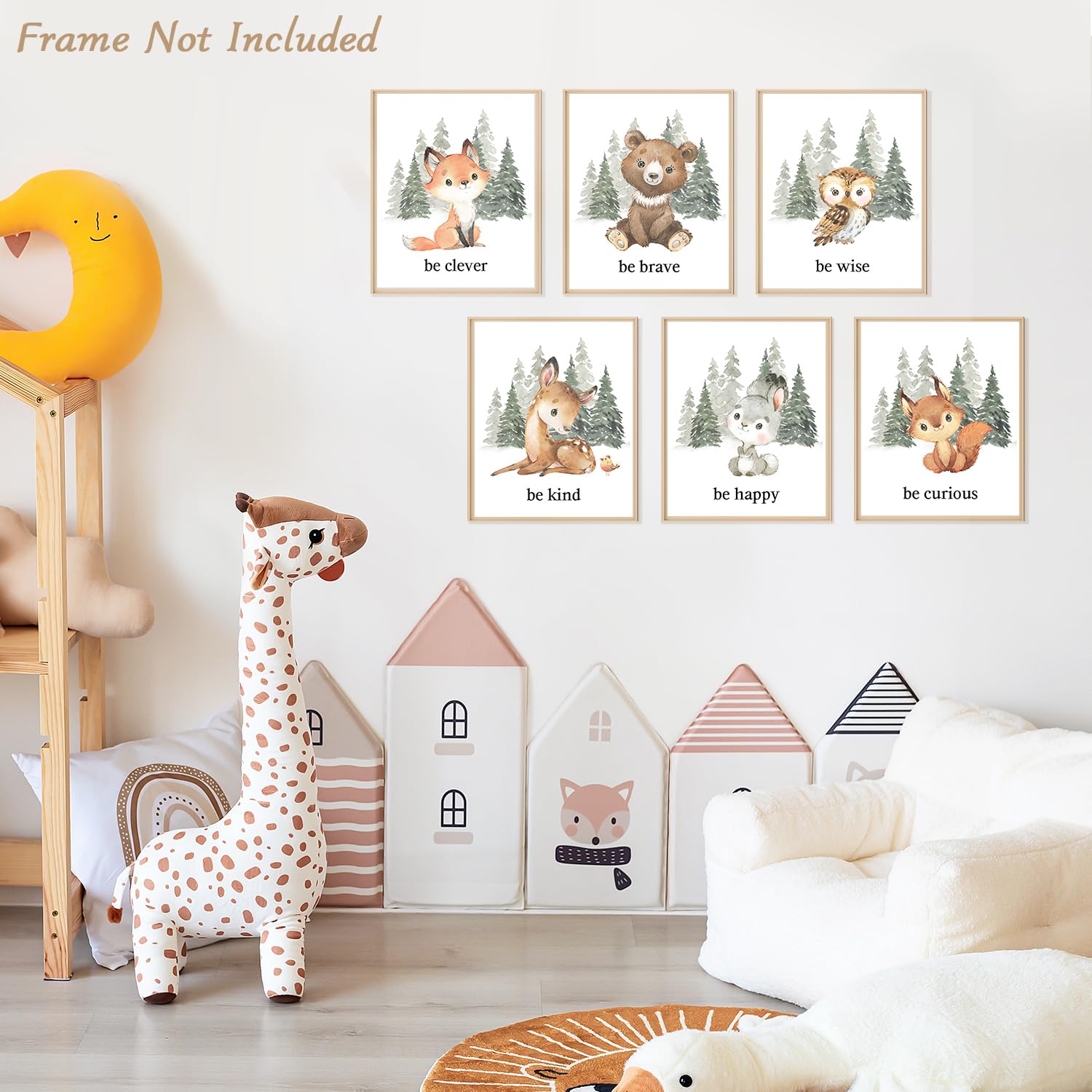 Dazzlewall 6 Pcs Nursery Animal Wall Art Poster Forest Deer Bear Fox Prints, Motivational Quotes Poster For For Baby Kids Room D