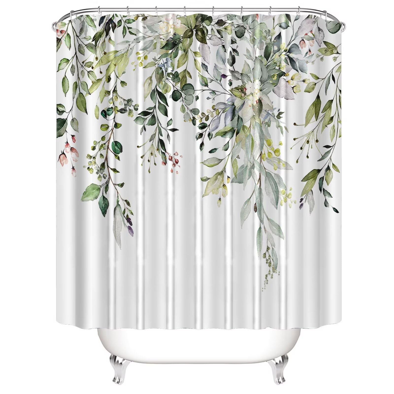 Azhm Sage Green Eucalyptus Plant Shower Curtain Set 4Pcs Watercolor Leaves Floral Bathroom Sets With Shower Curtain And Rugs, Fa