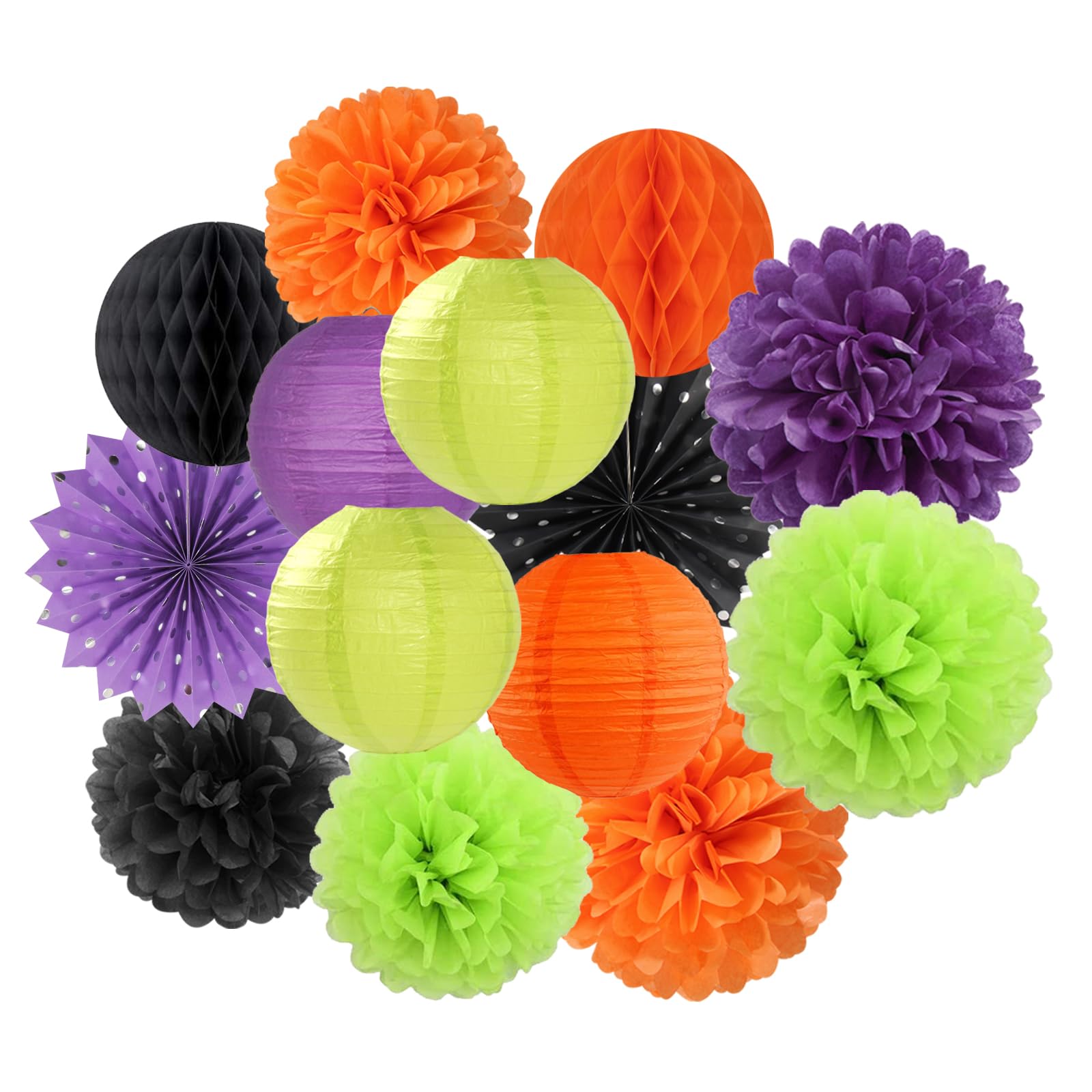 Black-Orange Purple Green Halloween Party-Decorations - 14Pc Kit Paper Lanterns Fan,Tissue Flower Pom Poms Streamers,Honeycomb B