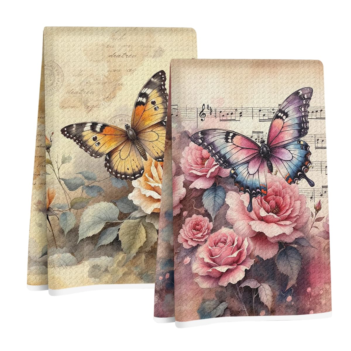 2 Pcs Vintage Butterfly Kitchen Towels, Flower Soft Absorbent Hand Tea Towel, Microfiber Dish Cloths for Drying Dishes, Waffle D