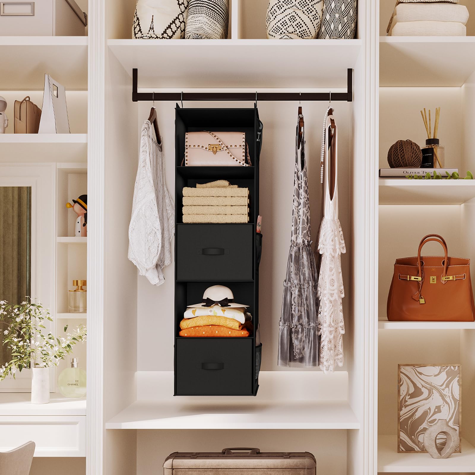 Youdenova Hanging Closet Organizer, 5 Tier Hanging Closet Shelves With Drawers And 6 Side Pockets, Black