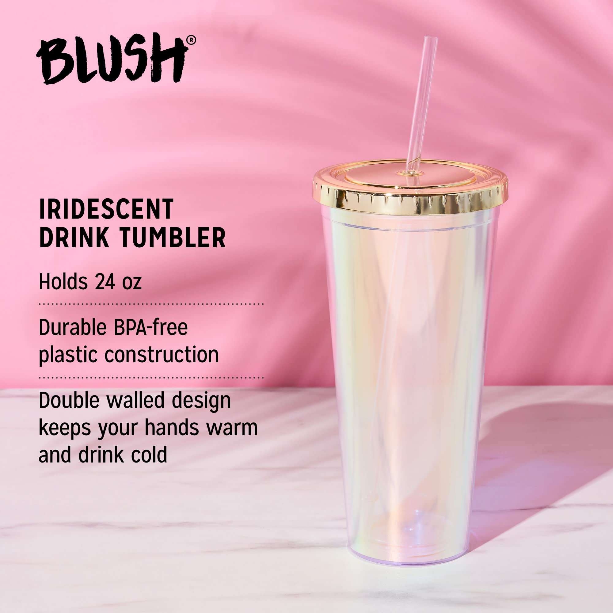 Blush Iridescent Cute Drink Tumbler | Reusable, Leak-Proof, Travel, Clear Plastic, Slim, Iced Coffee Cup With Silicone Seal, Scr
