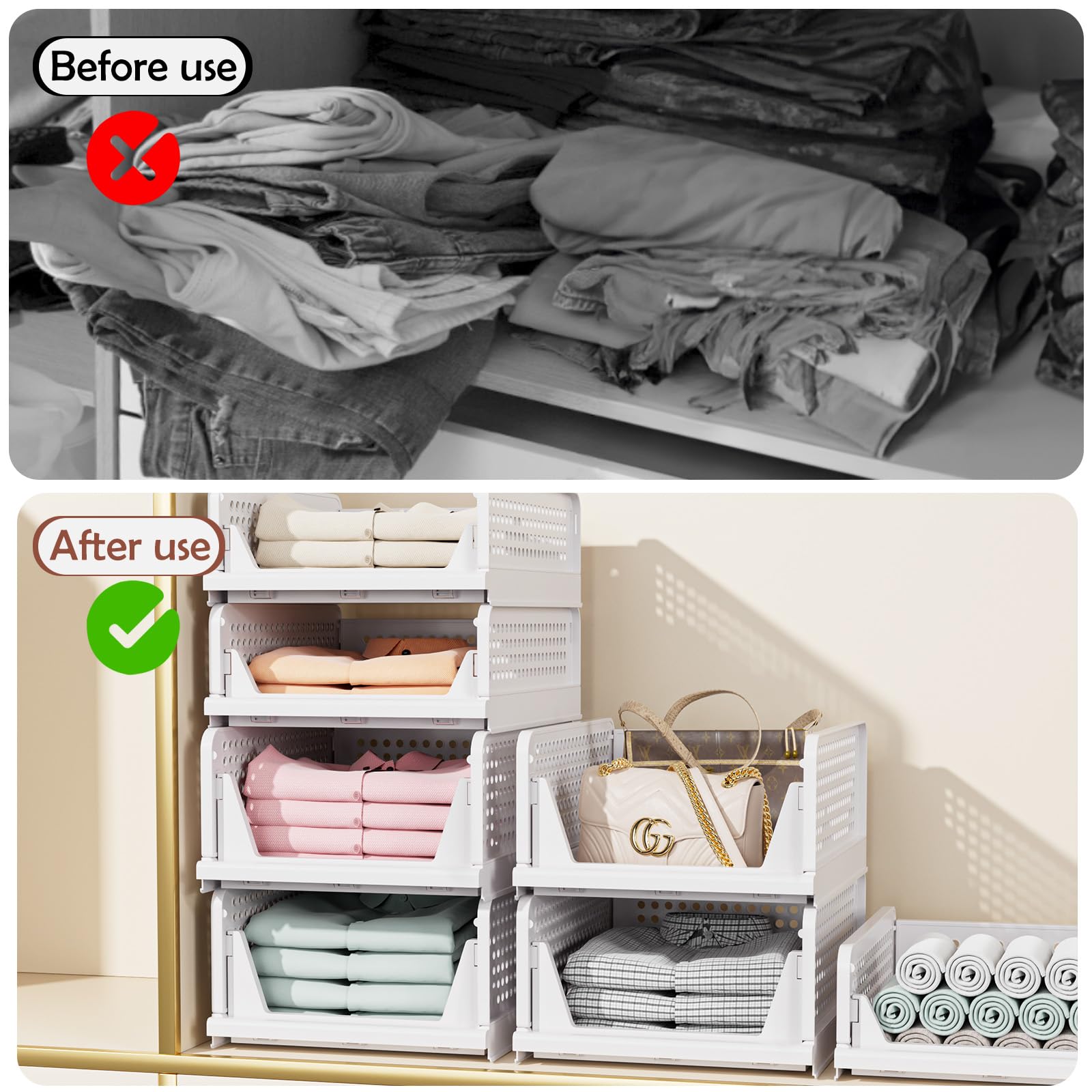 5 Pack Folding Closet Organizers Storage Box, Stackable Storage Bins, Plastic Drawer Basket Closet Storage For Wardrobe Cupboard