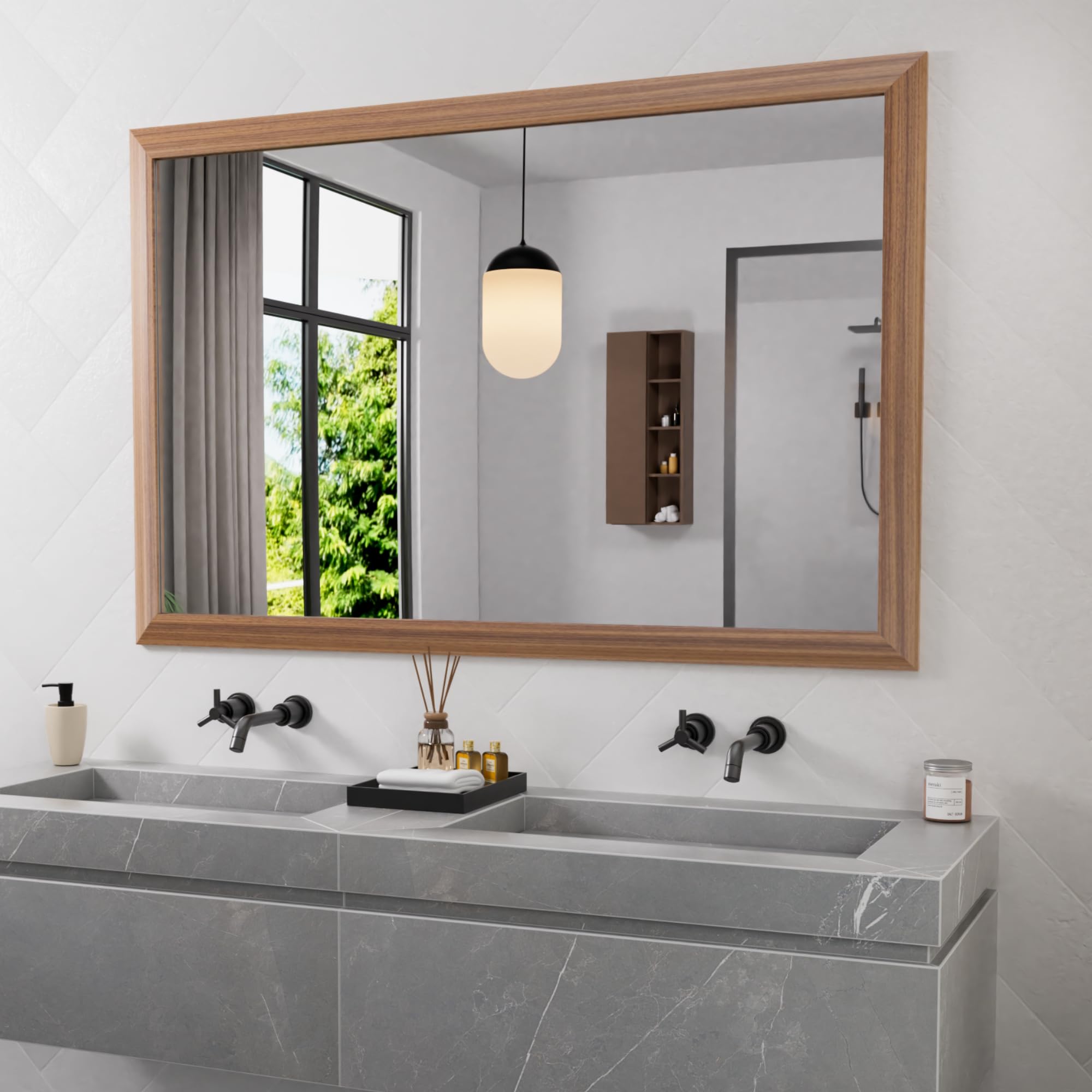 Amorho Bathroom Mirror, 50 X30 Inch Wall Mirror, Walnut Wood Grain Metal Framed, Anti-Rust, Hang Horizontally/Vertically, Suitab
