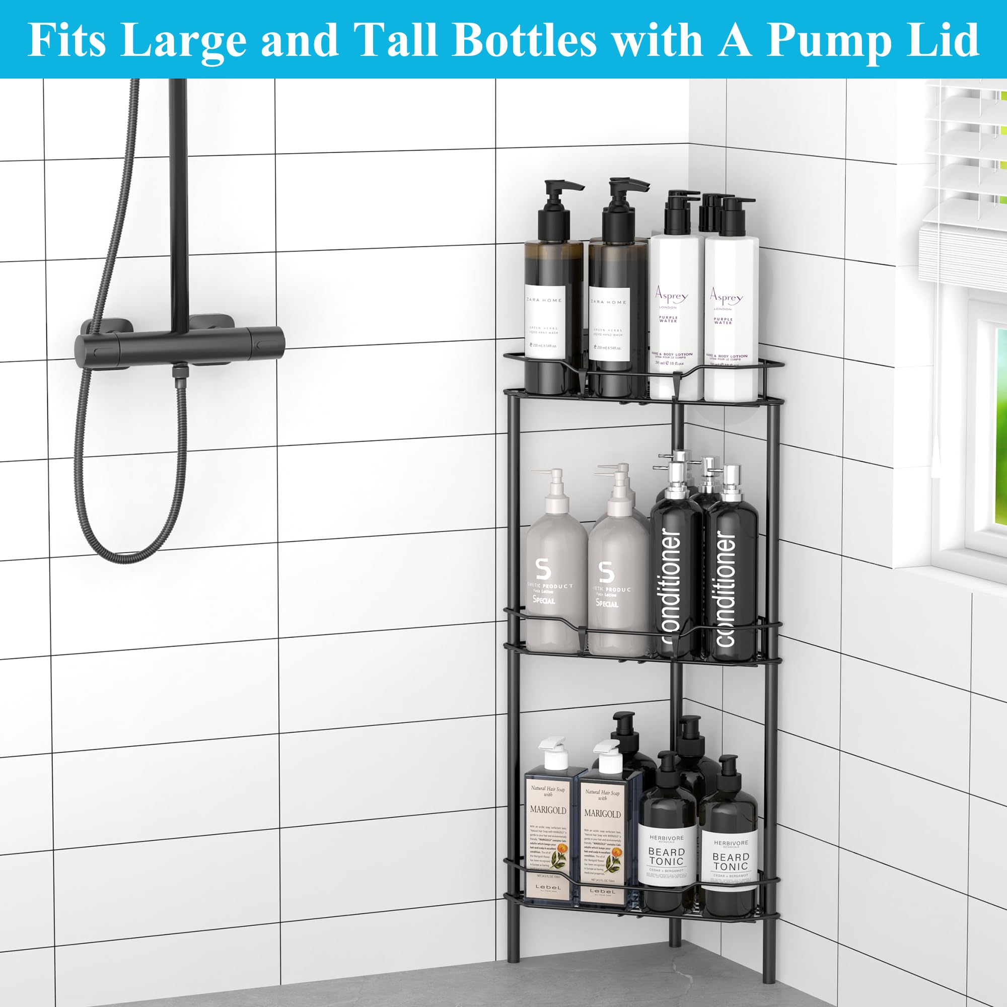 Huggiegems 3 Tier Floor Standing Corner Shower Caddy Organizer Shelf With Hooks, Bathroom Shelves Stand Rack, Black