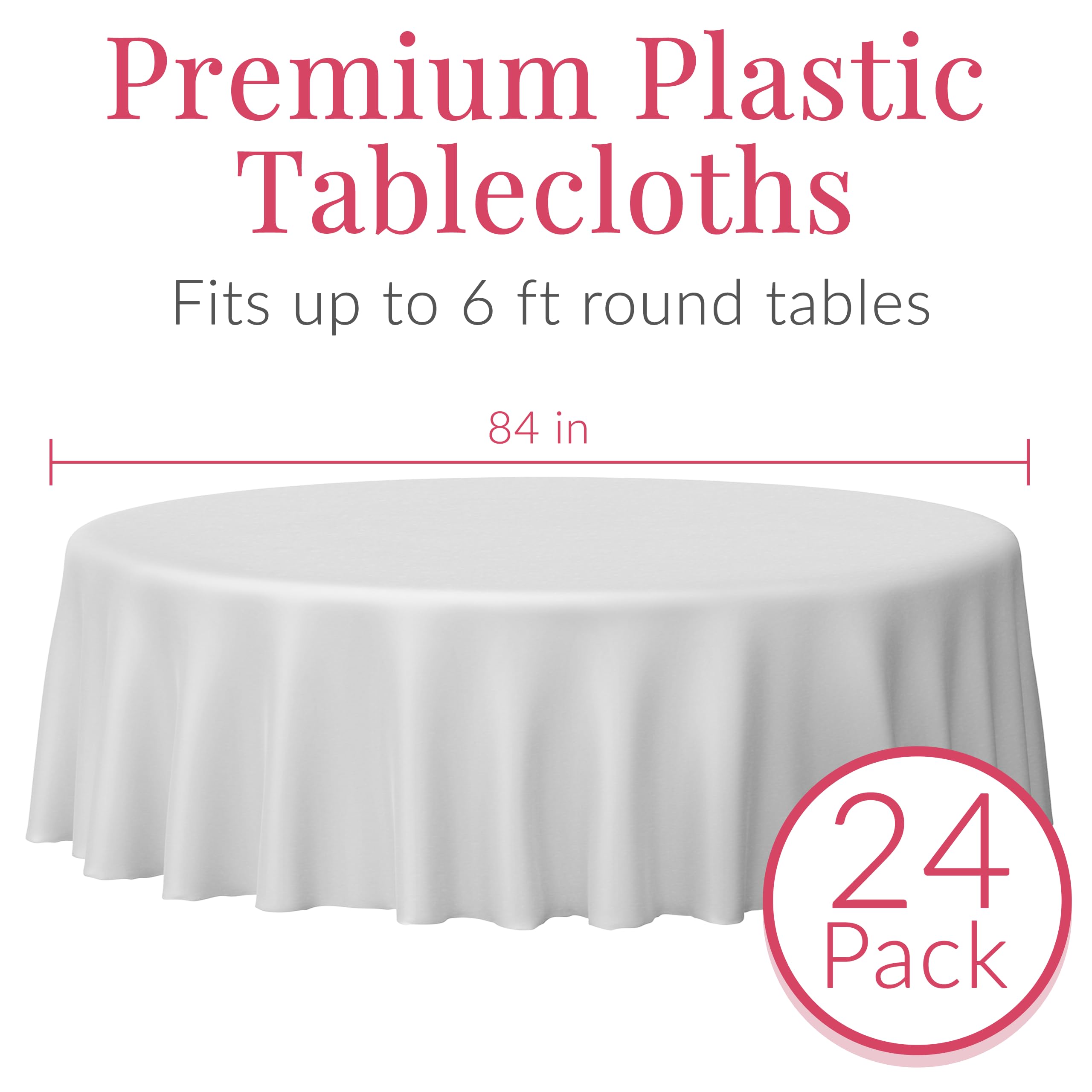 Prestee 24 White Round Plastic Tablecloth, 84'' Plastic Table Cloth, Disposable Tablecloths, White Tablecloths, Plastic Table Co